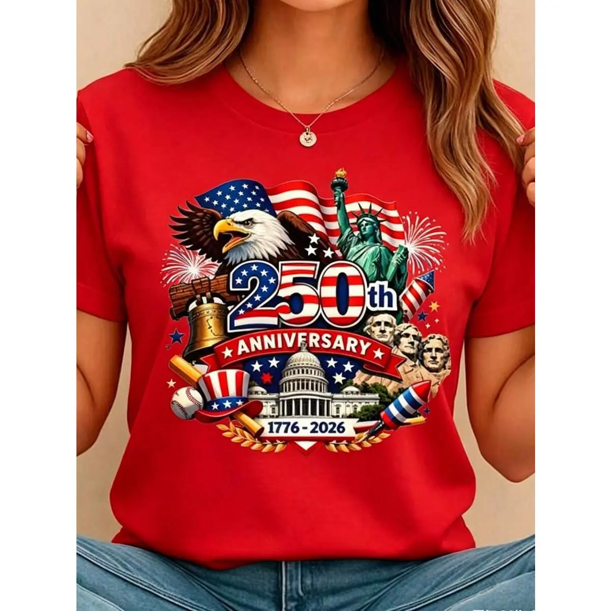 Women's USA 250th Anniversary T-Shirt, Casual Shortsleeve Round Neck Graphic Top, Streetwear Women's Clothes for National Celebrations, Tshirt, Custom Printed Torso Women's T-Shirts