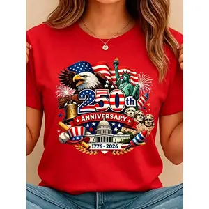 Women's Patriotic Tee, USA 250th Anniversary Graphic Short Sleeve Cotton Crew Neck Top for National Celebrations and Casual Wear, Shortsleeve