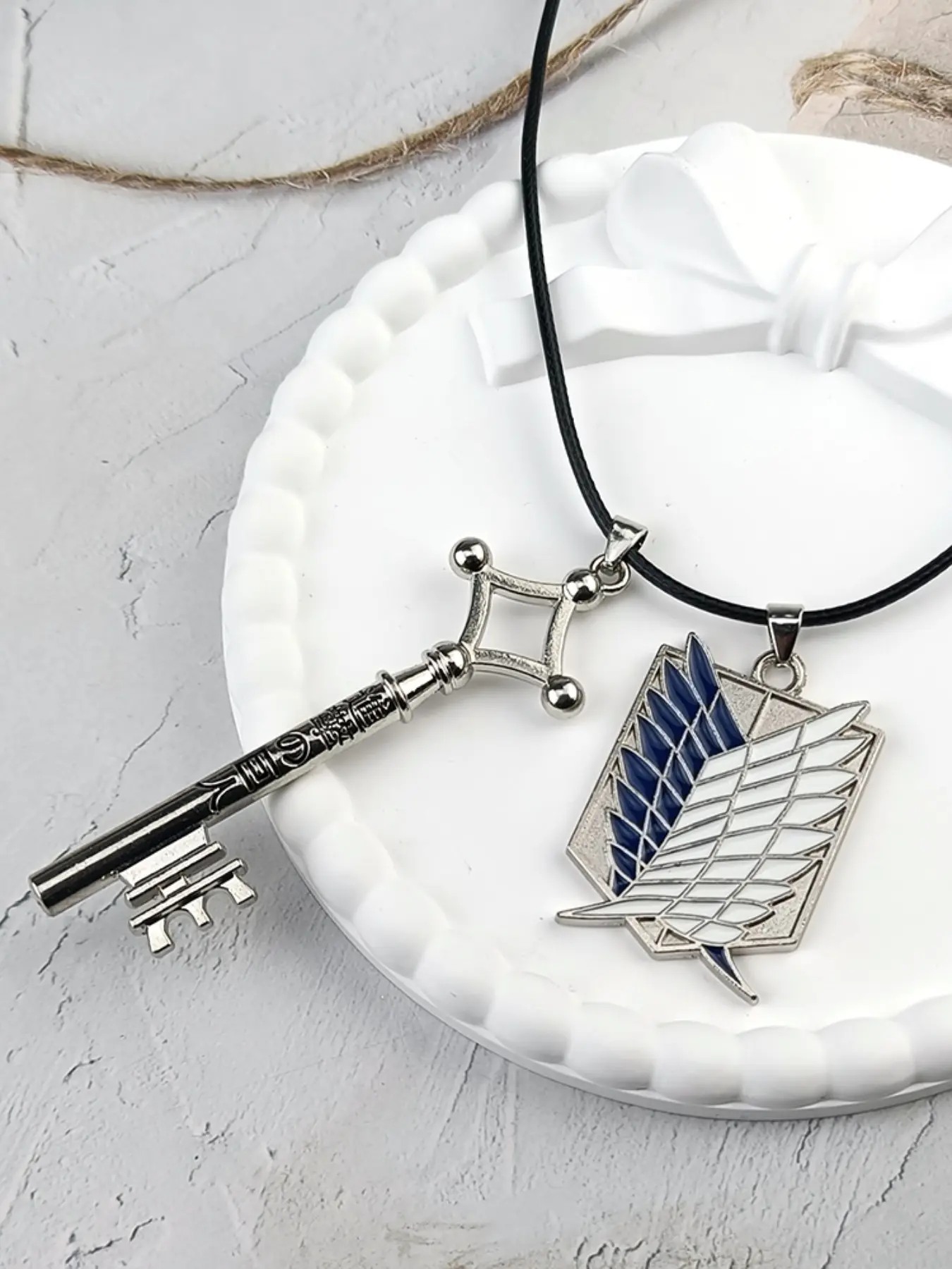 Vintage Key Badge Necklace, Metal Key Shape with Dual Color Badge, Rope Chain, Casual Daily Accessory, Collectible Pendant, Unique Style