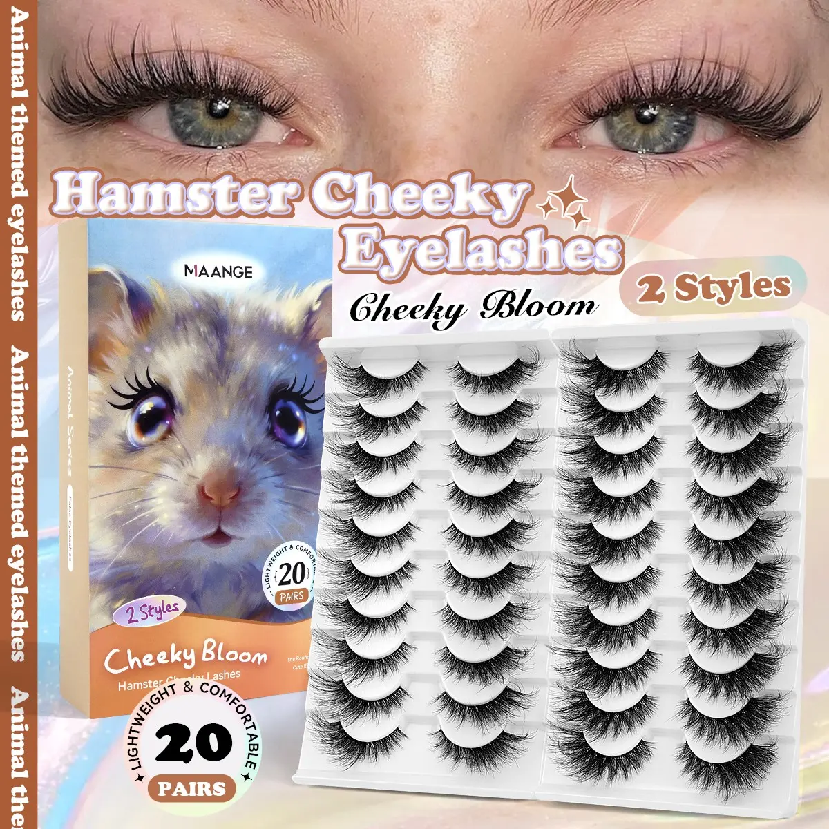 MAANGE 20 Pairs Hamster Cheeky Lashes, D Curl Rounded Cute False Eyelashes, Makeup, 2 Styles Lightweight Comfortable Lash Set, Natural Round Eye Effect, Reusable & Easy to Apply, TikTok Viral Cute Lashes