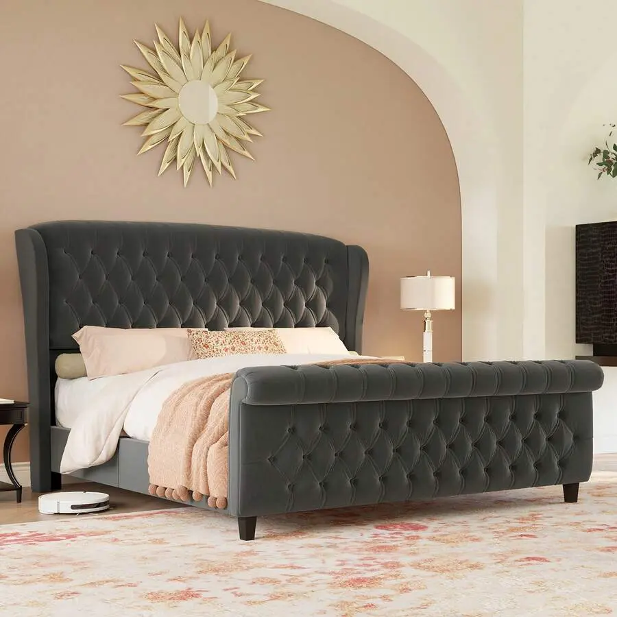 Queen/King/California King Size Platform Bed Frame, Velvet Upholstered Sleigh Bed With Curved Headboard And Footboard, Deep Button Tufted Design, No Box Spring Needed,wood,corner bed frame,floor,cama,,twin