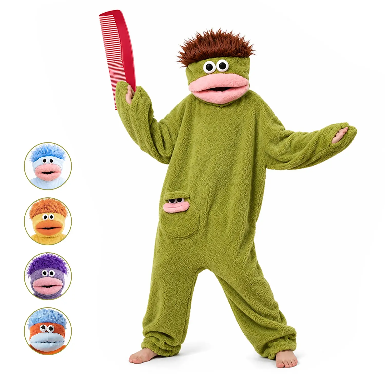 Kids Monster Plush Wearable Blanket Hooded Onesie Set, Giant Comb, 5 Colors, Halloween Christmas Costume for Boys Girls