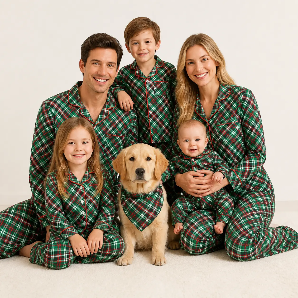 Family Matching Christmas Pajamas Set, Green Red Plaid Button Down Long Sleeve PJs with Red Trim, Holiday Sleepwear for Men Women Kids Baby Dog Whole Family