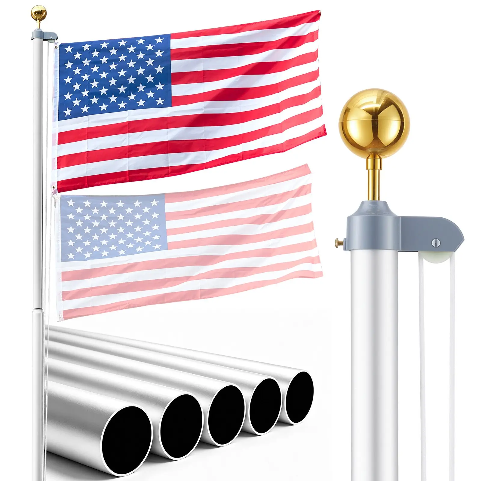VEVOR 25 ft Heavy Duty Outdoor Sectional Aluminum Flag Pole Kit, Extra Thick Corrosion-Resistant In-Ground Flagpole with 3x5 American Flag, Pulley System for Residential & Commercial Multi-Display Greater Stability Use, Commercial Entrances
