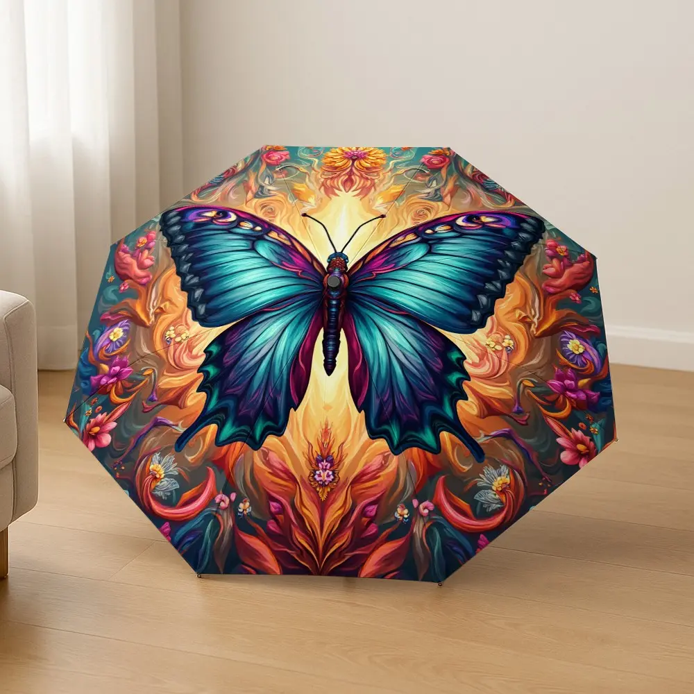 1pc Blue Butterfly Floral Pattern Automatic Folding Umbrella, Lightweight Compact Travel Umbrella, 8-Rib Strong Frame, Unisex Appeal, Portable Outdoor Accessory
