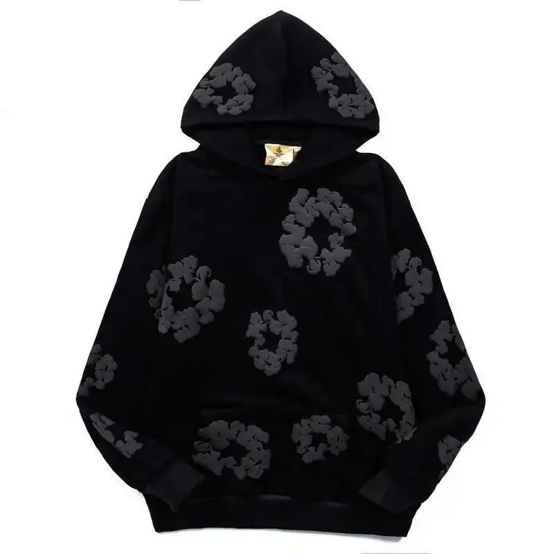 Women's Denim Floral Puff Print Pullover Hoodie Set, Longsleeves Casual Classic Unisex Sweater, Spring Teen Sports & Outdoor Clothing, Women's Clothes Cute Top