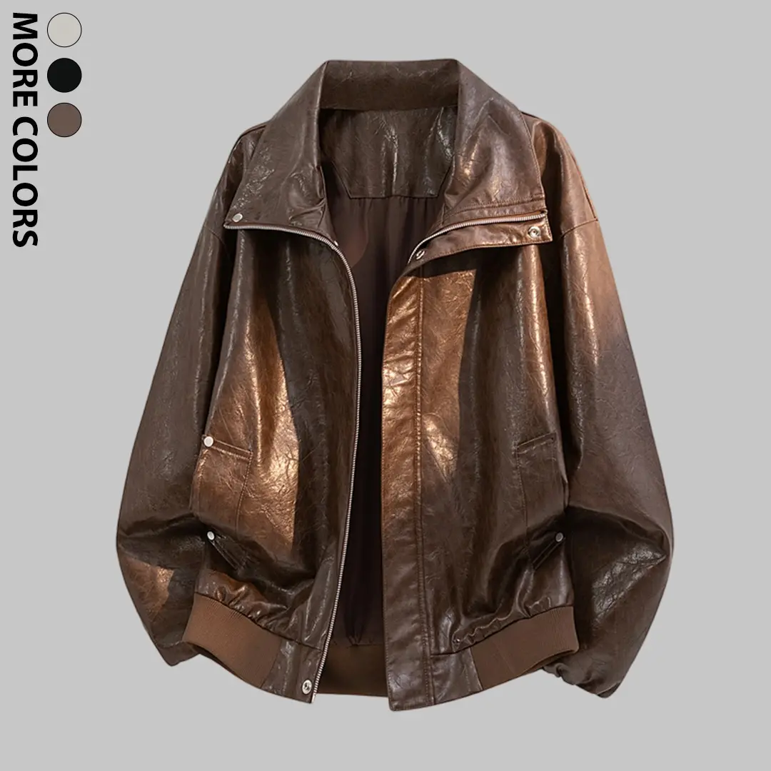 Men's Vintage PU Bomber Jacket - Lapel Collar, Full Zip, Classic Cut, Pocket Detail, Ribbed Hem, Snug Fit, Soft Durable Chic, Jackets Zip Up, Casual Fall Outdoor Streetwear Tops, Multiple Colors