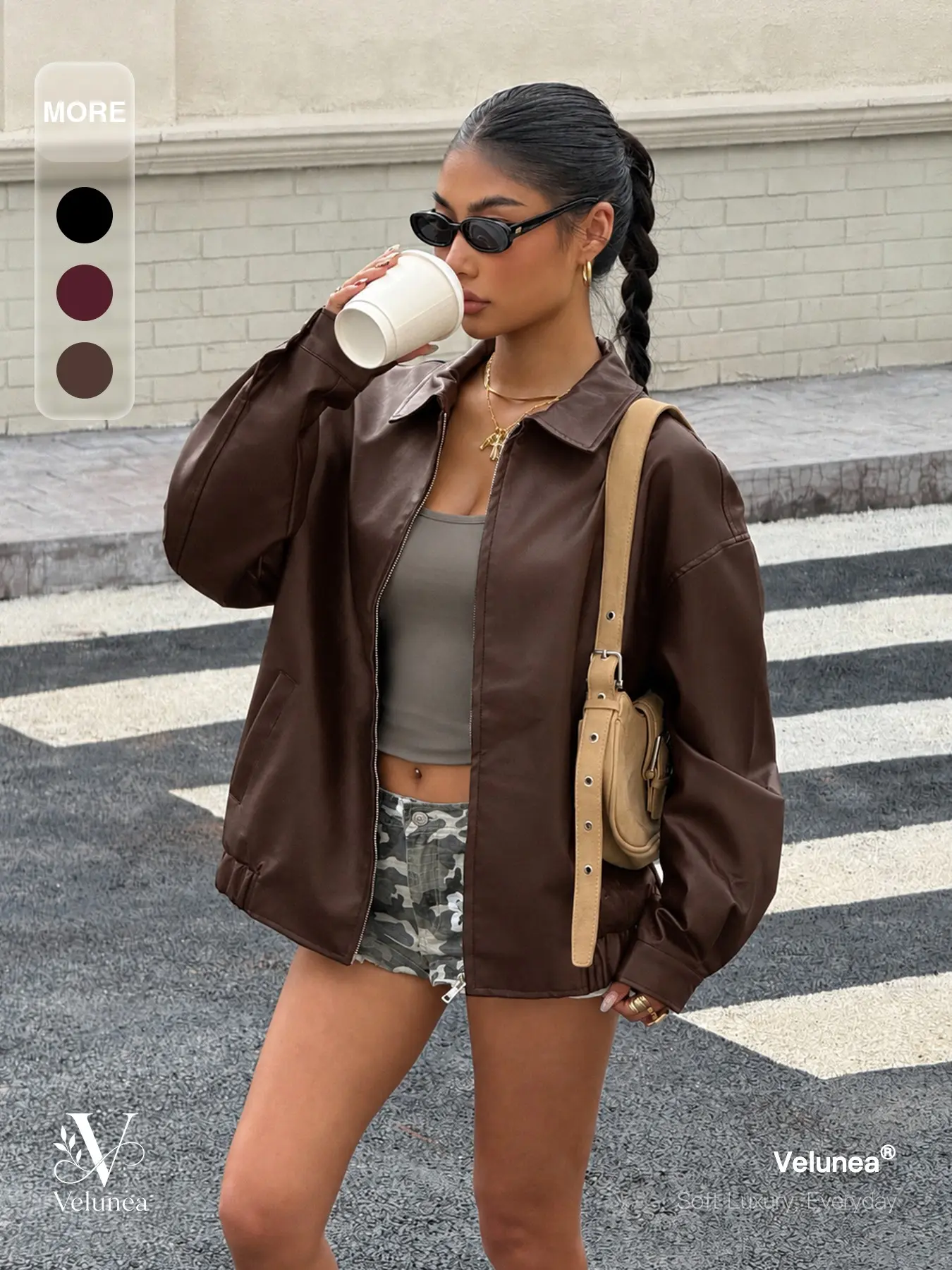 Velunea Women’s Faux Leather Jacket, Oversized Zip Up Jacket with Relaxed Fit and Minimal Streetwear Style, Casual Outerwear for Everyday Fashion