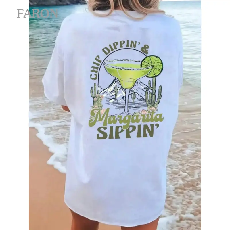 Women's Loose Fit Soft Cotton Short-Sleeve Round Neck Retro Graphic T-Shirt - Comfortable, Breathable, Desert Cactus Front & Margarita Back Prints, Athletic Casual Streetwear Essential Top (Jackets Style All-Season Basic)