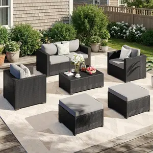 LazySunsets 6-Piece Patio Furniture Set - Outdoor Rattan Sectional with Thick Waterproof Cushions, Wicker Ottomans & Cover, Outdoor Furniture Sets for Garden, Backyard, Grey, Patio Furniture Sets