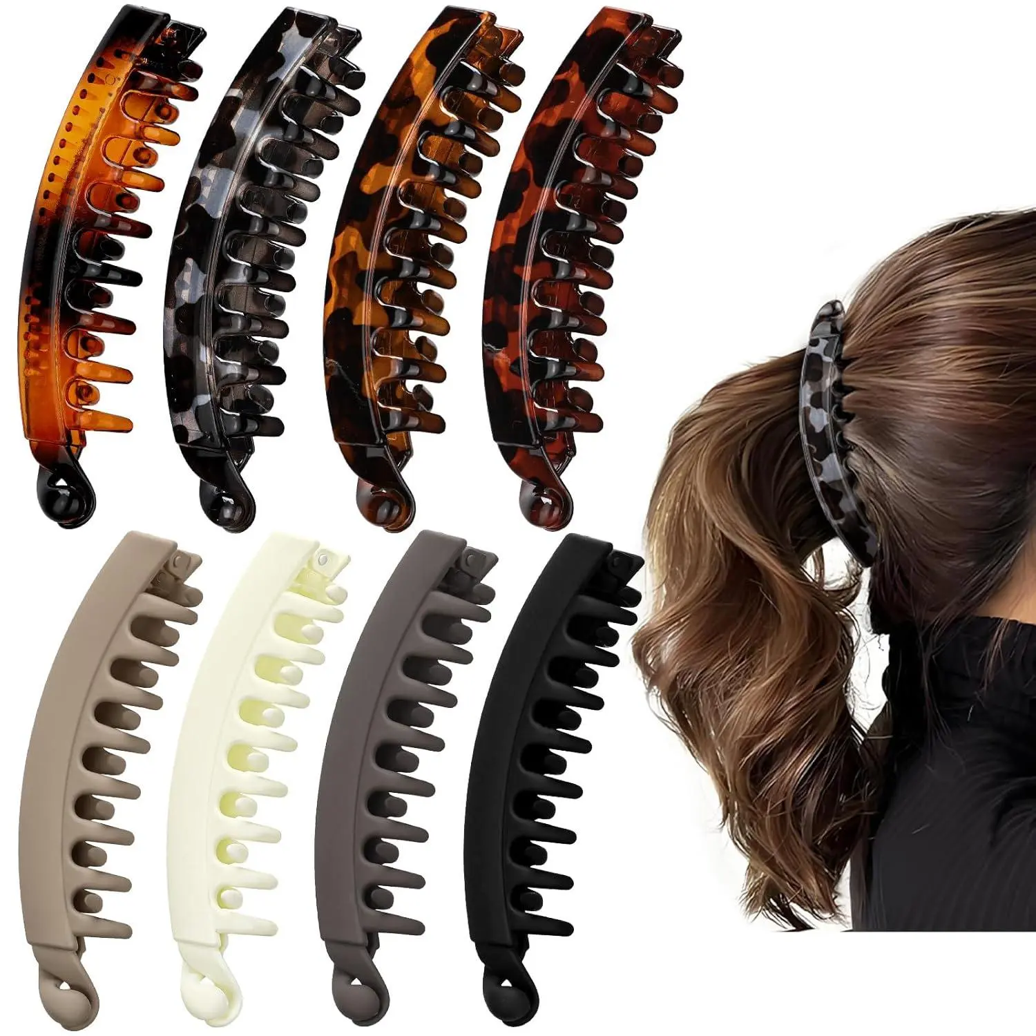 8 Pack Large Retro Banana Hair Clips for Women, Matte Solid & Glossy Tortoiseshell Vertical Ponytail Clamps, Non Slip Interlocking Teeth Hair Barrettes Daily Hair Accessories