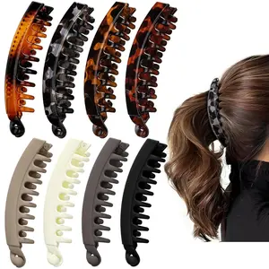 8 Pack Large Retro Banana Hair Clips for Women, Matte Solid & Glossy Tortoiseshell Vertical Ponytail Clamps, Non Slip Interlocking Teeth Hair Barrettes Daily Hair Accessories