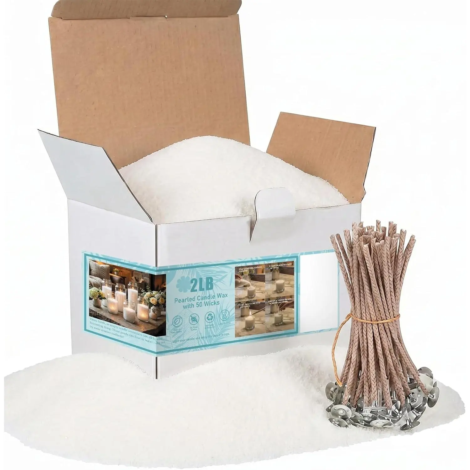 2 lbs White  Pearled Candle Sand Kit with 50 Wicks | Refillable Pearled White Sand Wax,Ideal DIY Craft  Decoration for Birthdays, Christmas,Weddings and  Decor