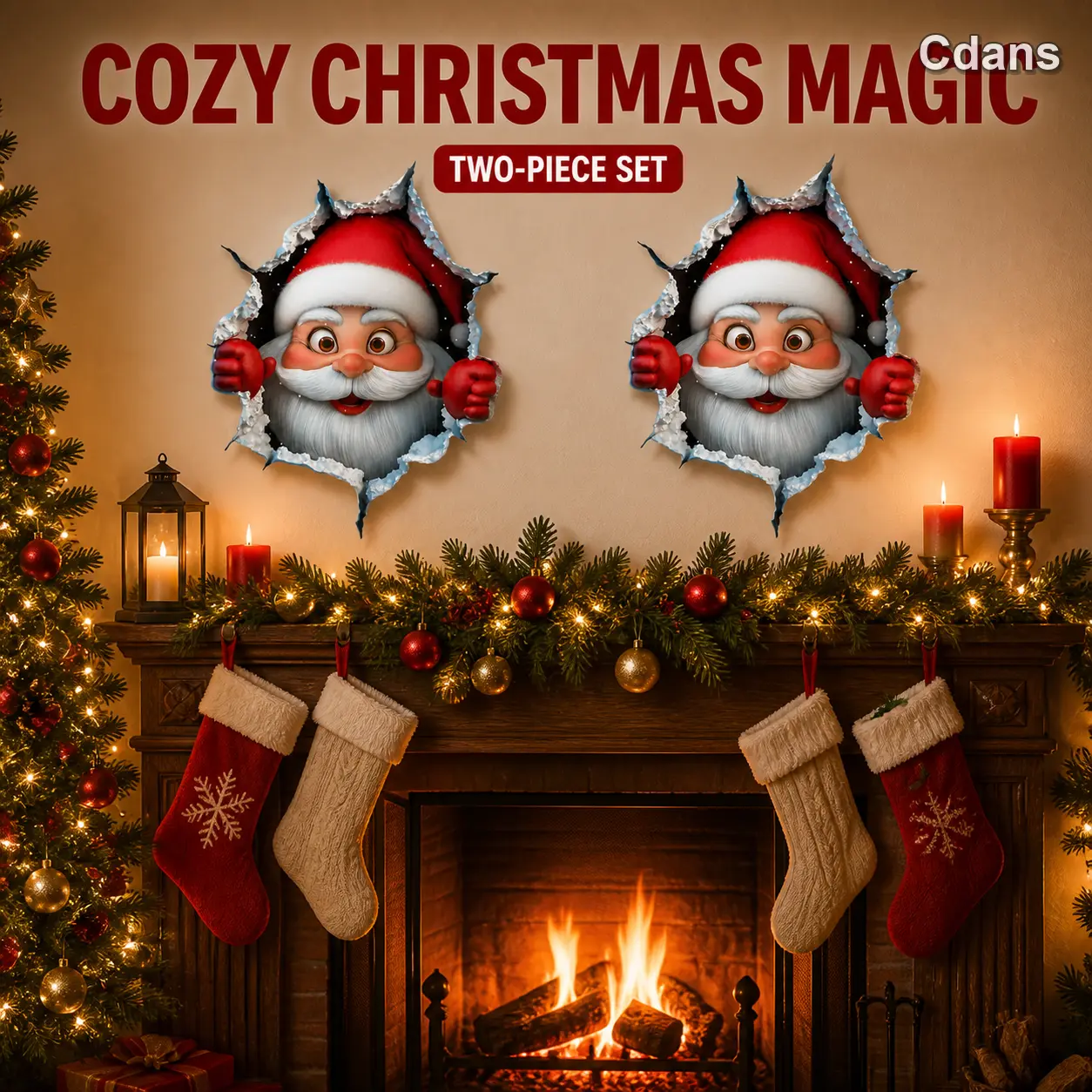 Cdans 2-Pack Santa Face Vinyl Wall Stickers, 3D Illusion Removable Peel-and-Stick Decals, Festive Christmas Decor for Living Room, Bedroom