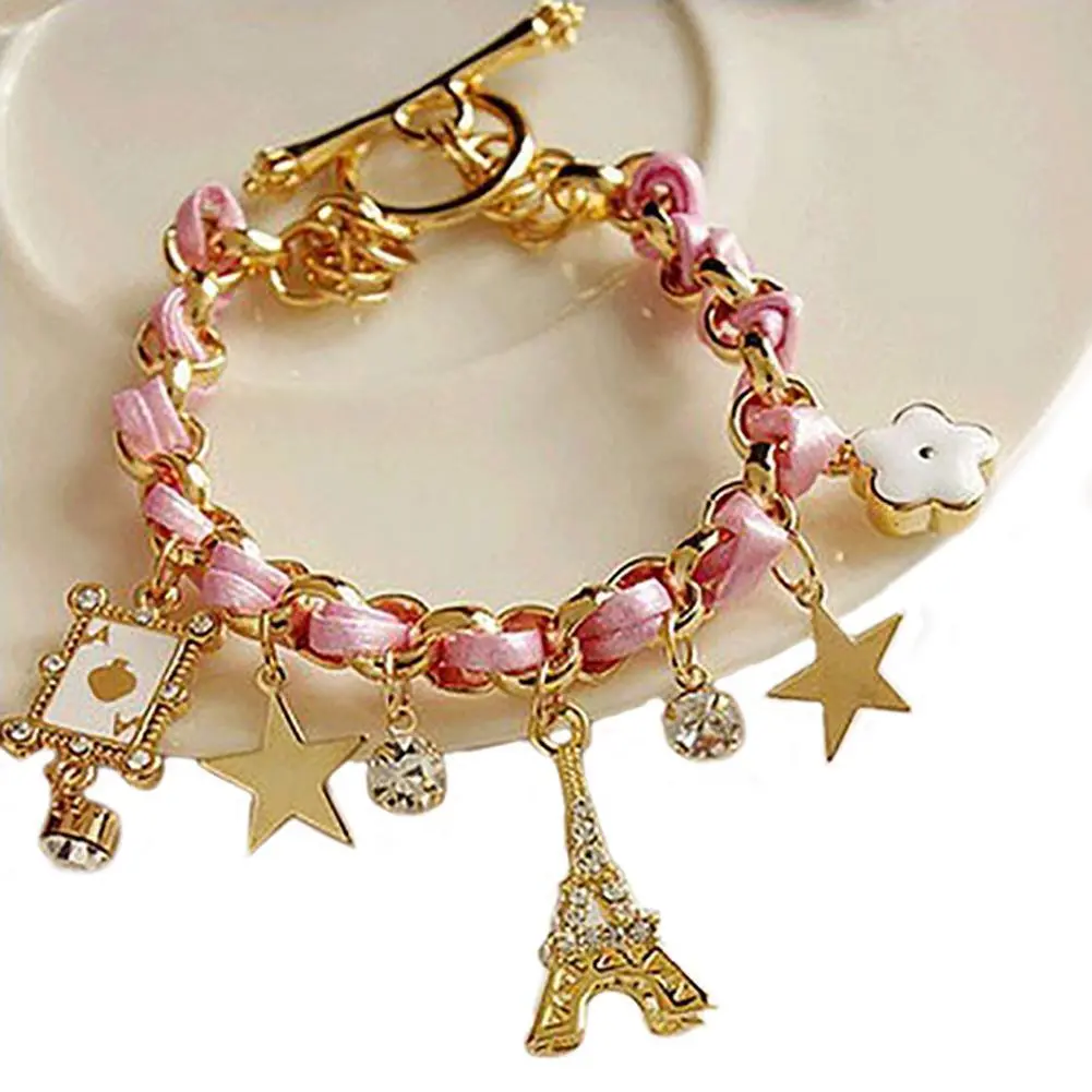 \Women Flowers Bracelet chain Star Heart Paris Eiffel Tower Crown Poker Cute Bangle Leather Rope Chain Jewelery Gift