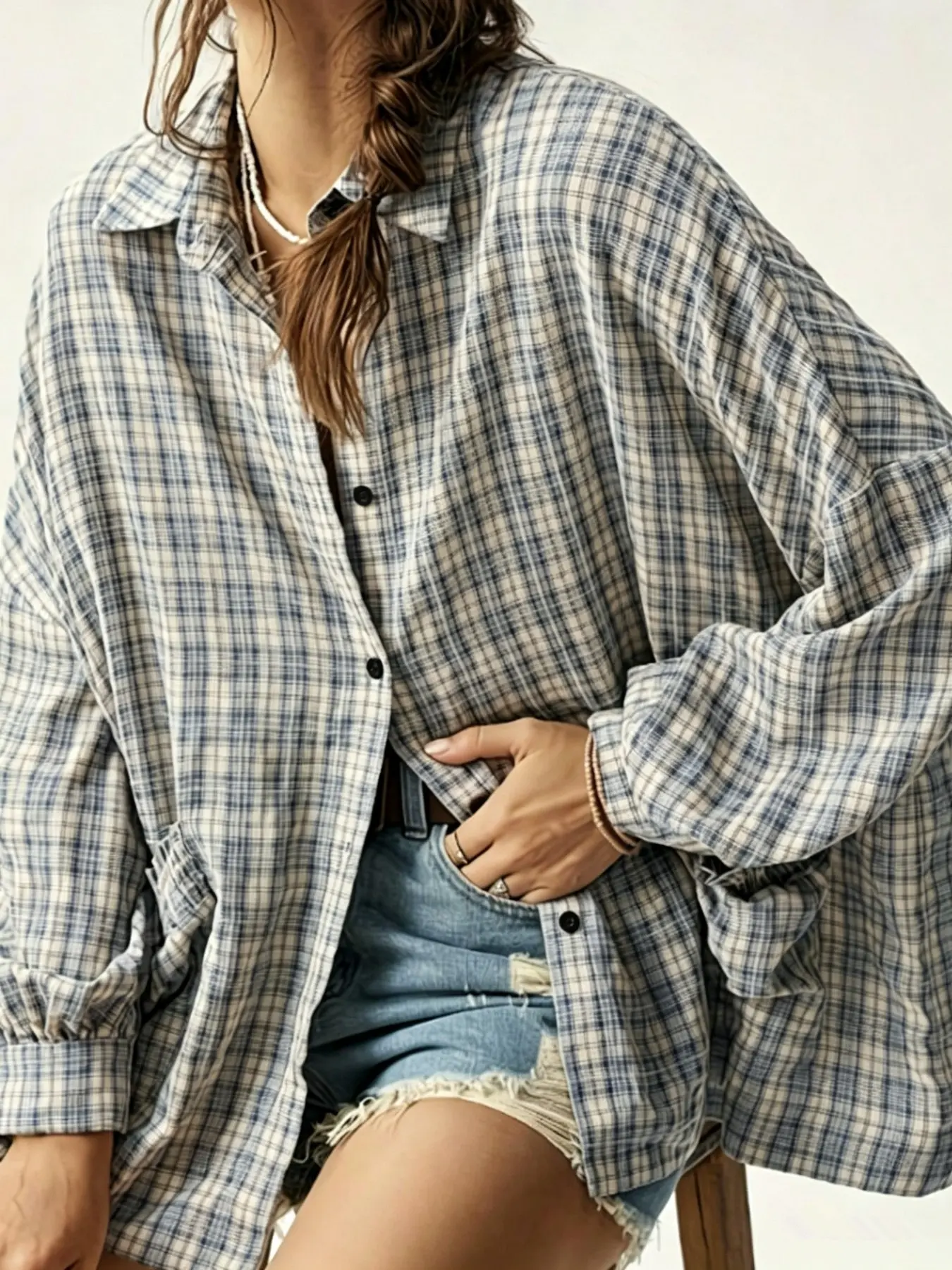 Women's Blue Plaid Oversized Pouch Pocket Long Sleeve Shirt, Comfortable Loose Fit Top, Vintage Street Style, All Seasons