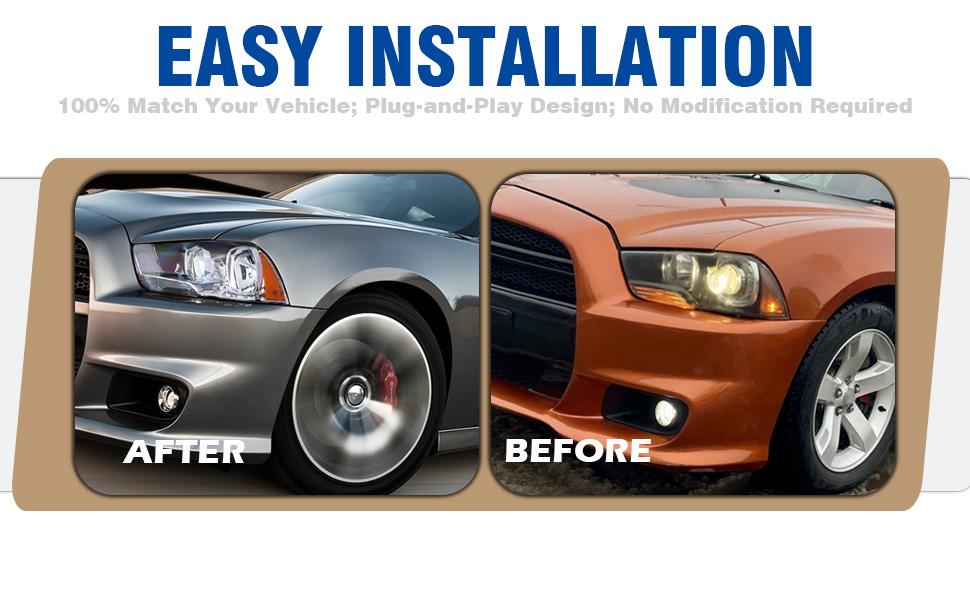 Headlight Assembly w/Bulbs Compatible with 2011-2014 Dodge Charger OE Halogen Headlamp Chrome Housing Amber Reflector Replacement Driver and Passenger Side