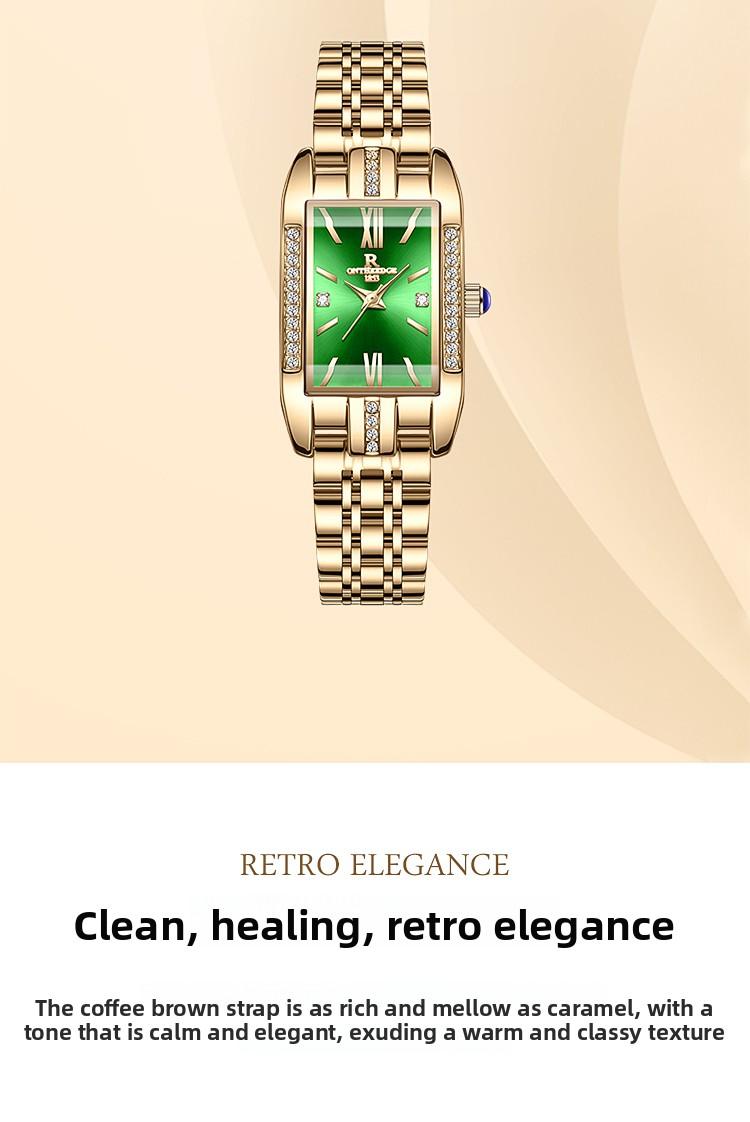 Women's Luxury Gold Rectangle Quartz Watch - Green Dial with Crystal Diamond Accents, Roman Numerals, Stainless Steel Band, Elegant Dress Wristwatch, Perfect Gift for Her