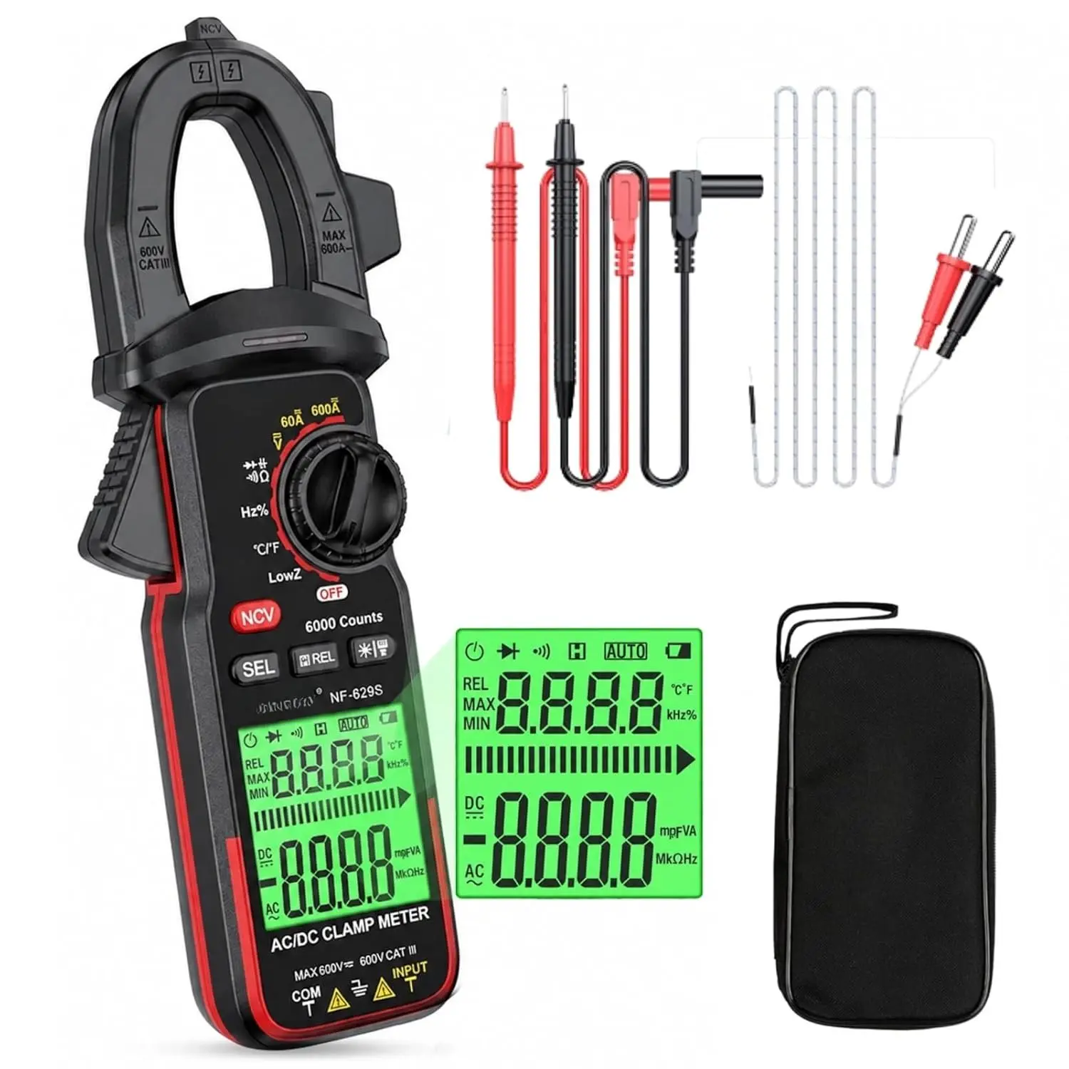 NF-629 Digital Clamp Meter Multimeter 6000 Counts TRMS | Capacitance Multimeter for 600V  , High AC Current, Capacitance, Diode Test, Continuity Test, Temperature