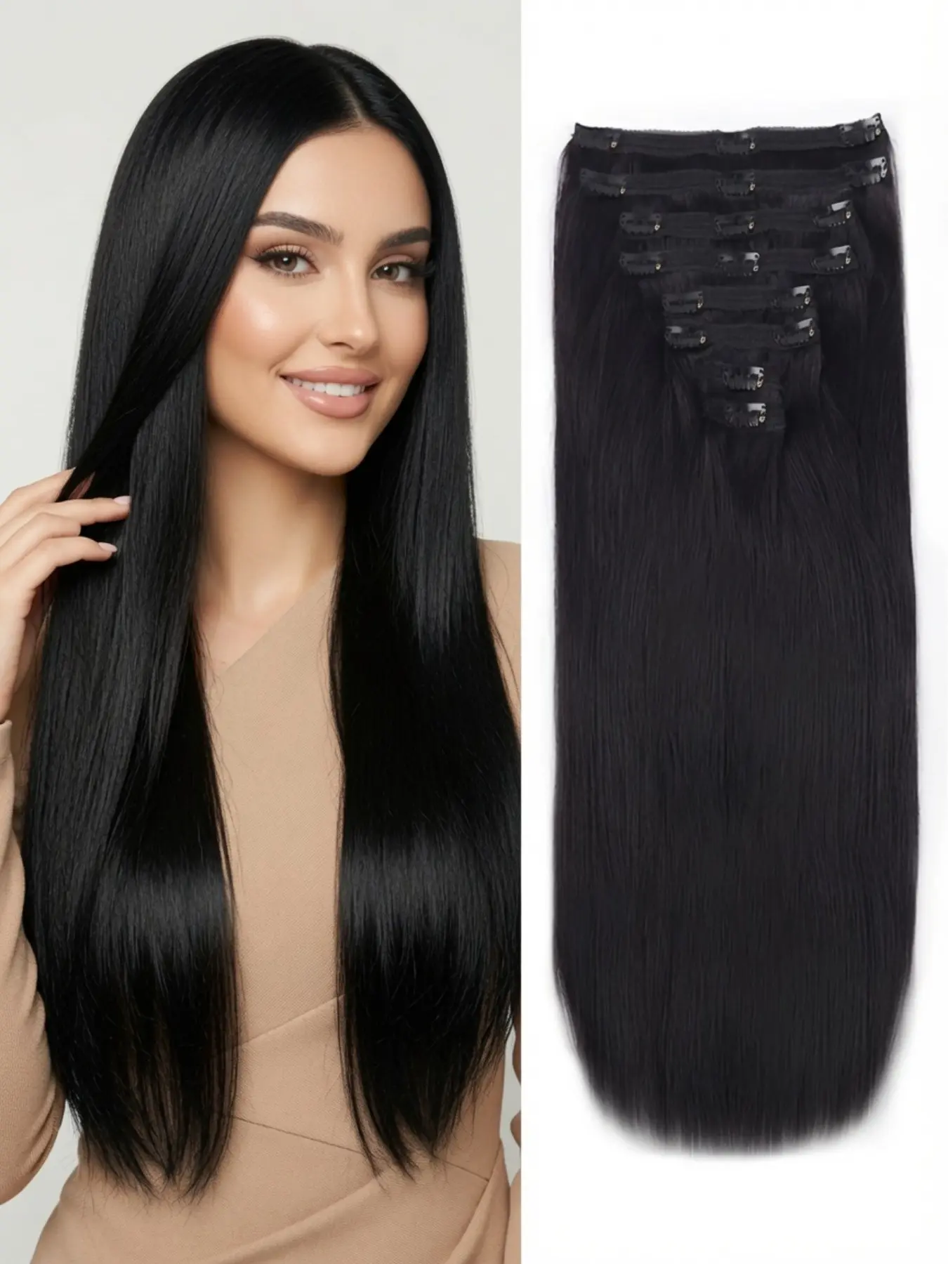 8Pcs Natural Black Straight Clip In Human Hair Extensions, Smooth Thick Reusable Clip Hair Extensions Easy Install No Glue No Tape For Women Daily Party Holiday Dating Hairstyle Design