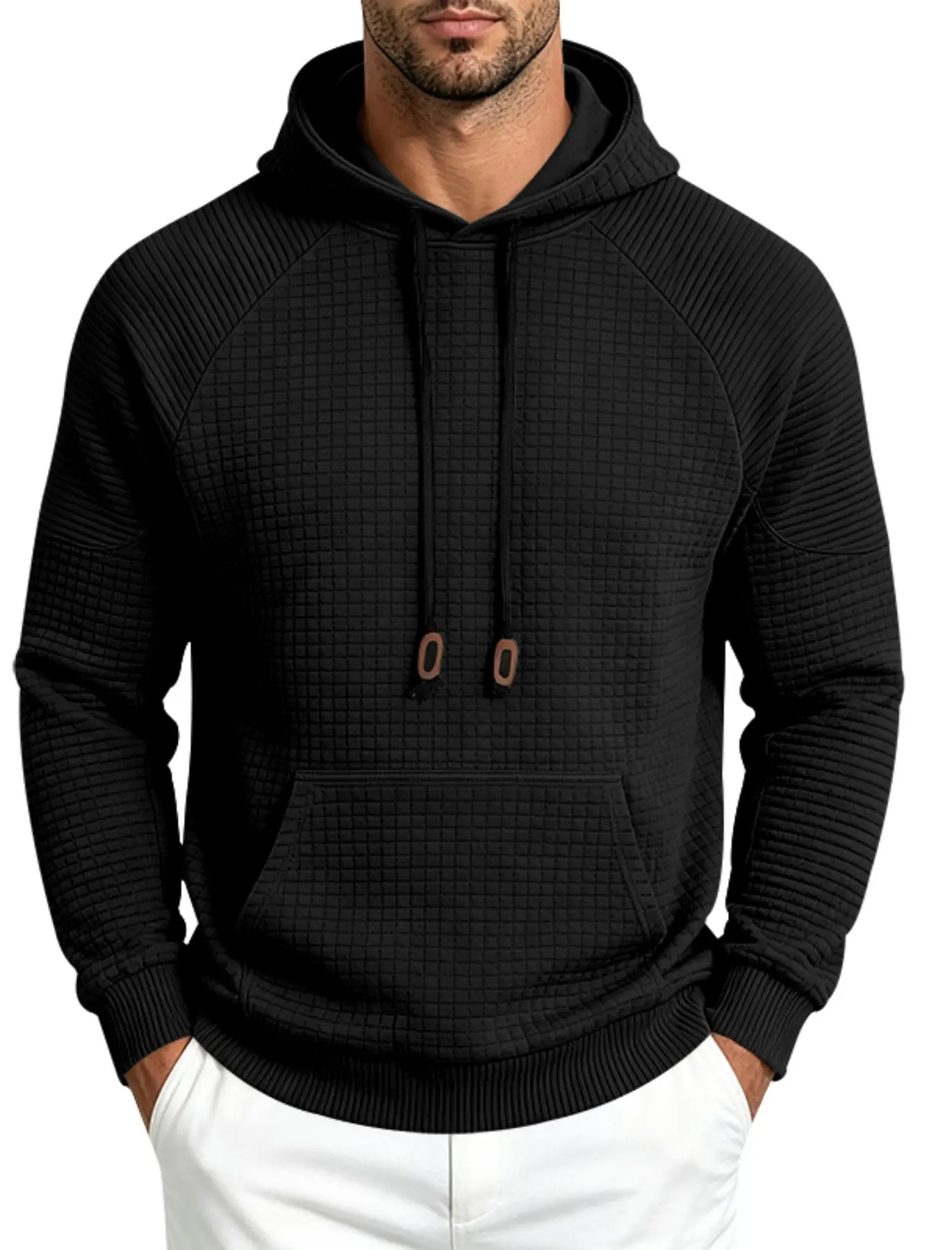 Men's Waffle Knit Half Zip Hoodie, Asymmetrical Long Sleeve Sweatshirt, Loose Fit, Fall & Winter Casual Wear, Street Style Fashion