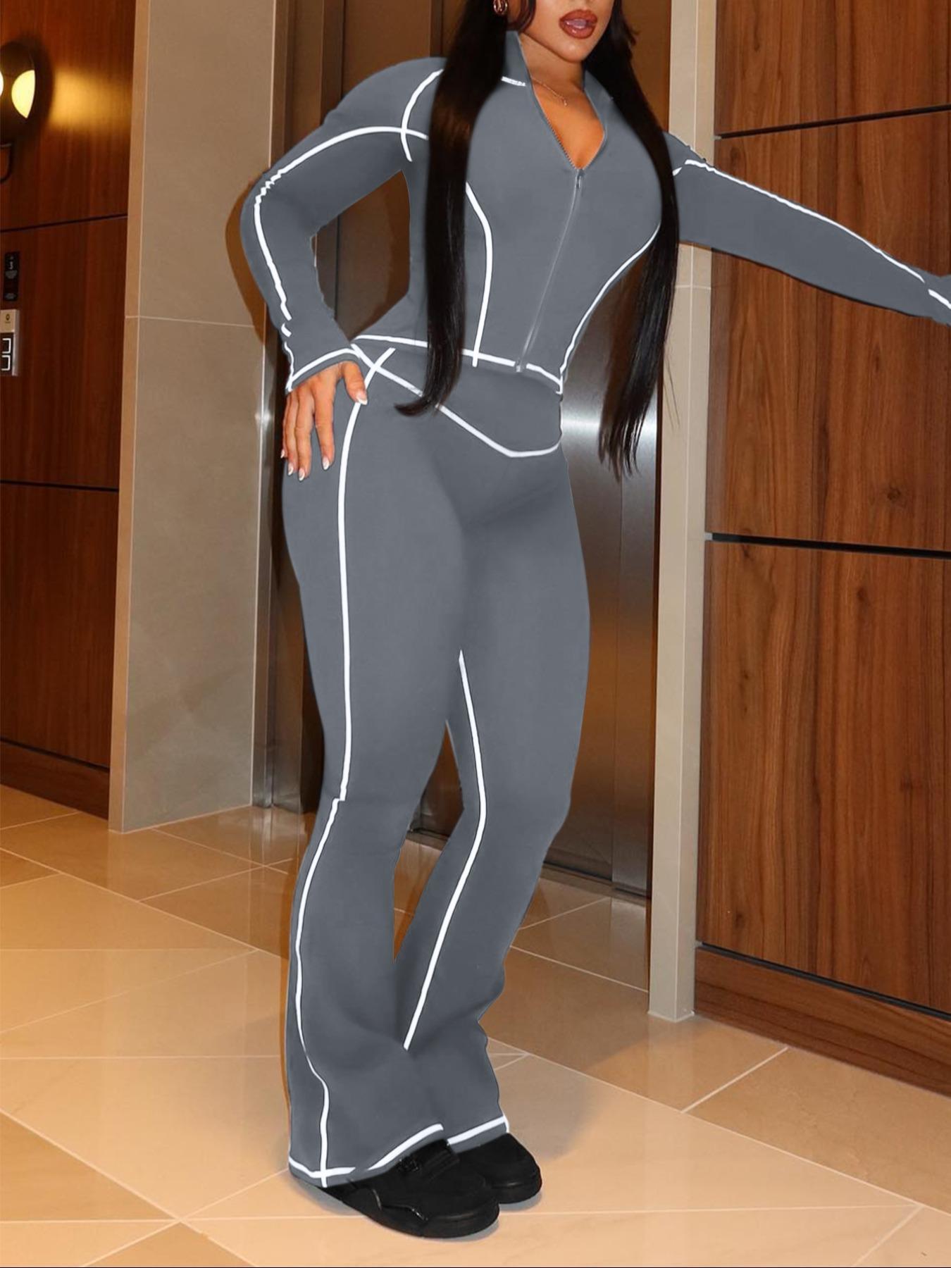 【LovelyWholesale】2026 FIFA World Cup Campaign Two-piece Set Women's Striped Zip Up Jacket & Pants, Street Fashion Streetwear Long Sleeve Outerwear & High Waist Trousers for Daily Wear, Ladies Spring  Clothes, Womenswear Perfect for All Seasons