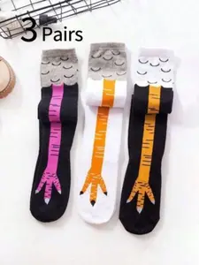 3 Pairs Teenage Knee-High Women's Socks, Chicken Claw Pattern, Unique Design, Comfortable, Ideal for Gifts and Casual Wear