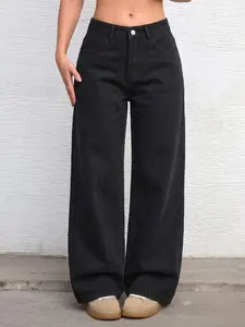 Women's High-Waisted Straight Leg Jeans, Loose Fit Wide Leg Pants, Long Drop Hem, Fashionable Denim Trousers, Slimming and Tall Look