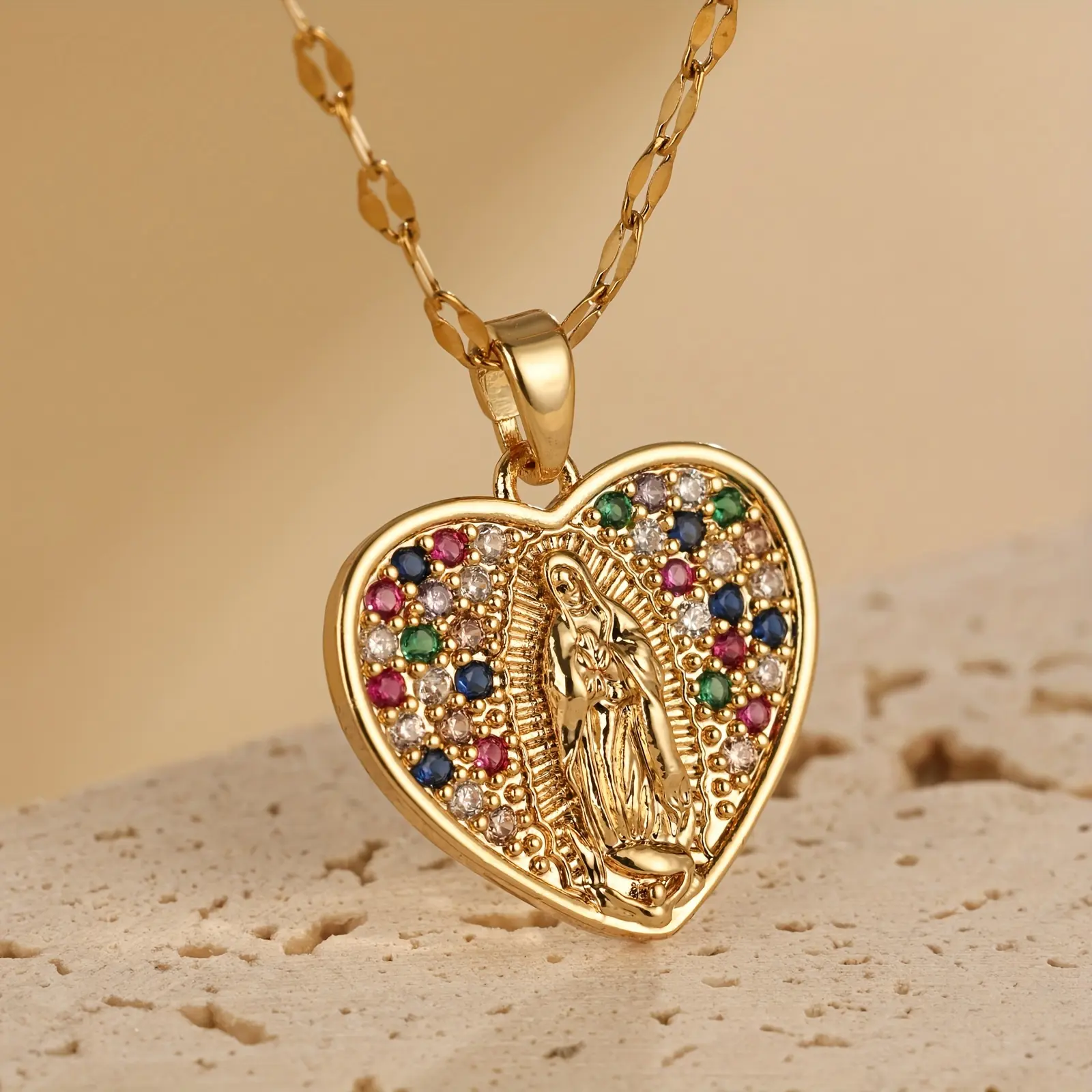 1 piece of Virgin Mary heart-shaped necklace, artificial zircon diamond pendant necklace