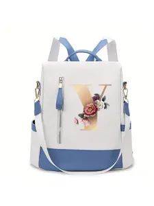 Blue Block Backpack, Champagne Gold Letters, Rose/peony Print, Casual All-Season Bag, Detachable Straps, Versatile Use