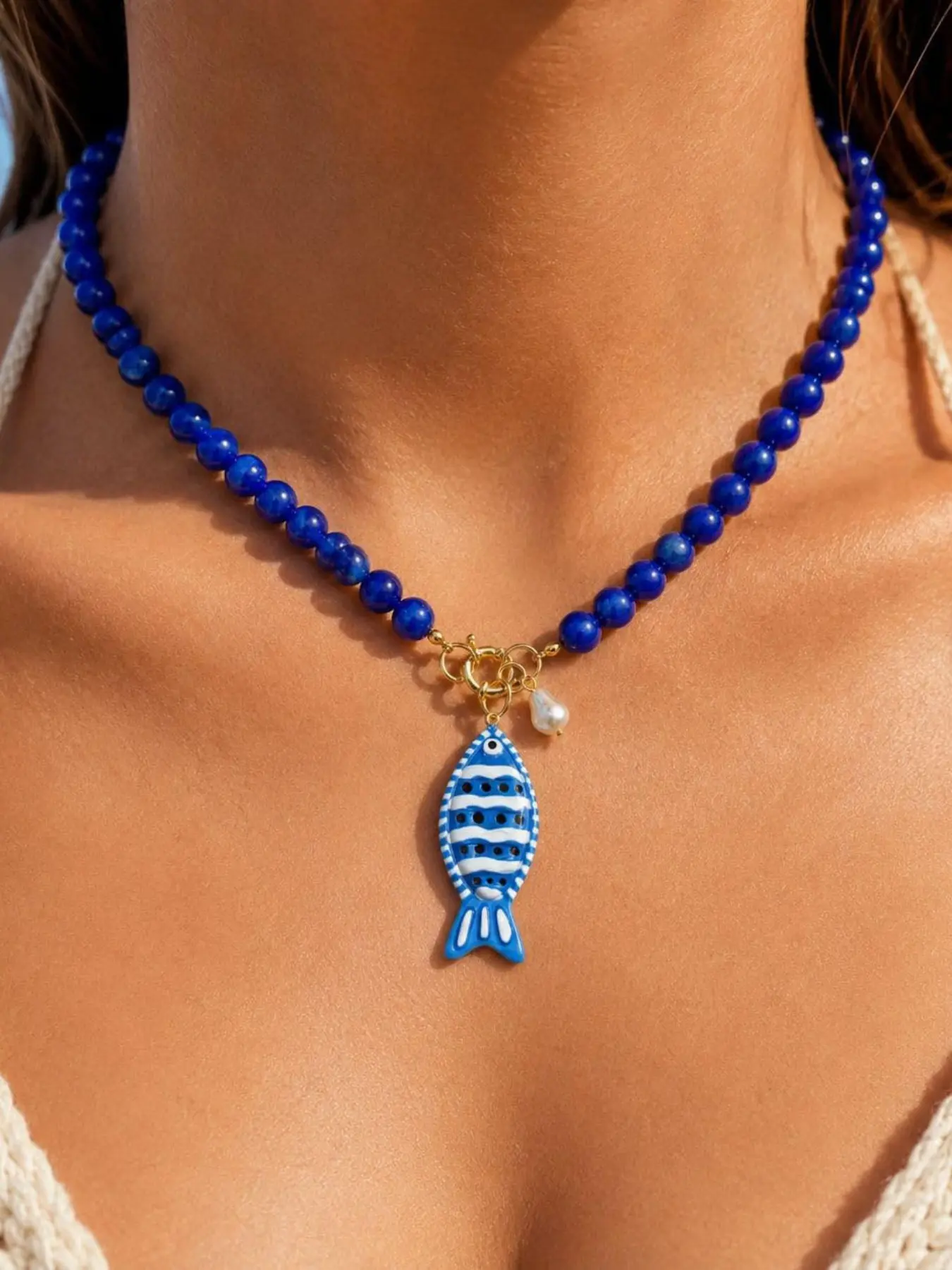 Women's Fish Pendant Necklace, Blue Beaded Chain, Summer Beach Jewelry, Ocean Theme Vacation, Fashion Gift 2026, Dainty Boho Necklace