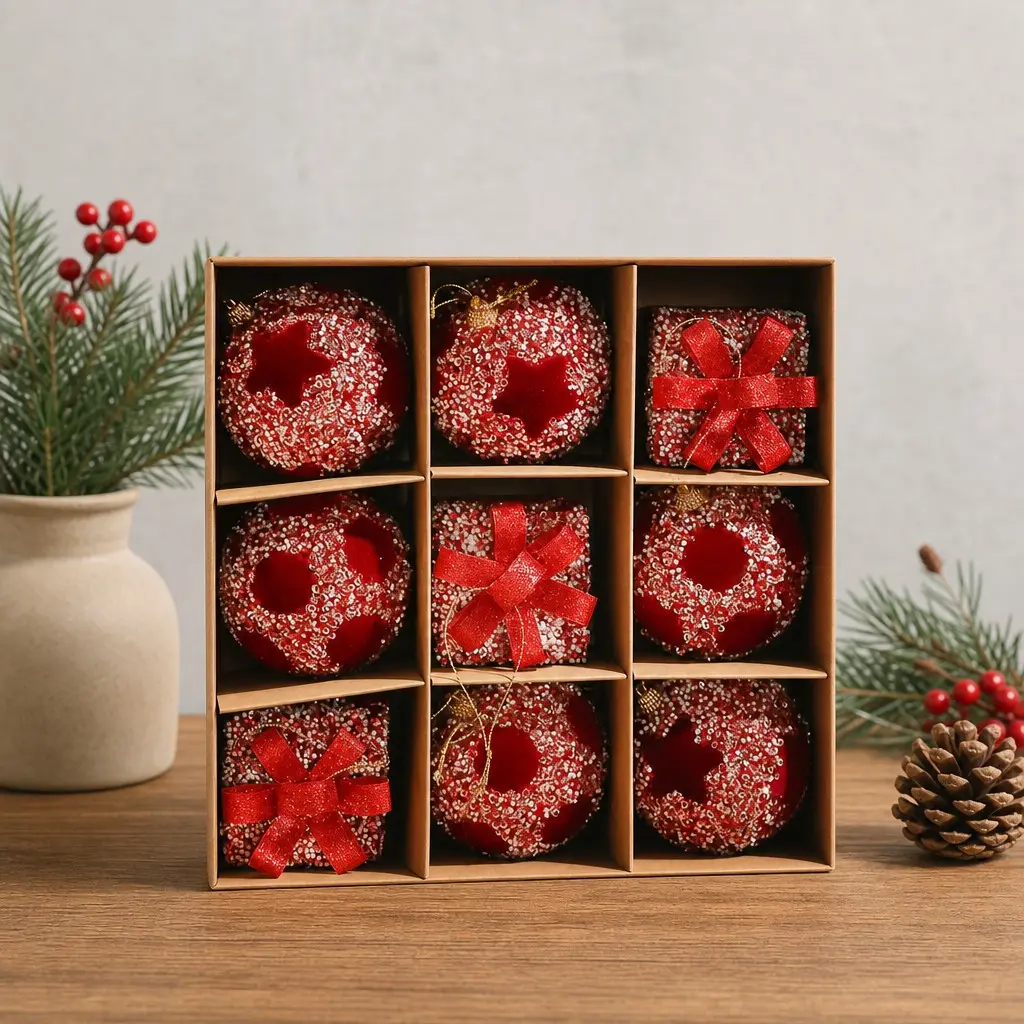 9Pcs Luxury Christmas Ornaments Set, Shatterproof Flocked Velvet & Glitter Christmas Tree Hanging Decorations, Mixed Ball & Gift Box Ornaments (6 Balls + 3 Boxes) in Burgundy, Dark Green & Coffee Gold for Holiday Decor