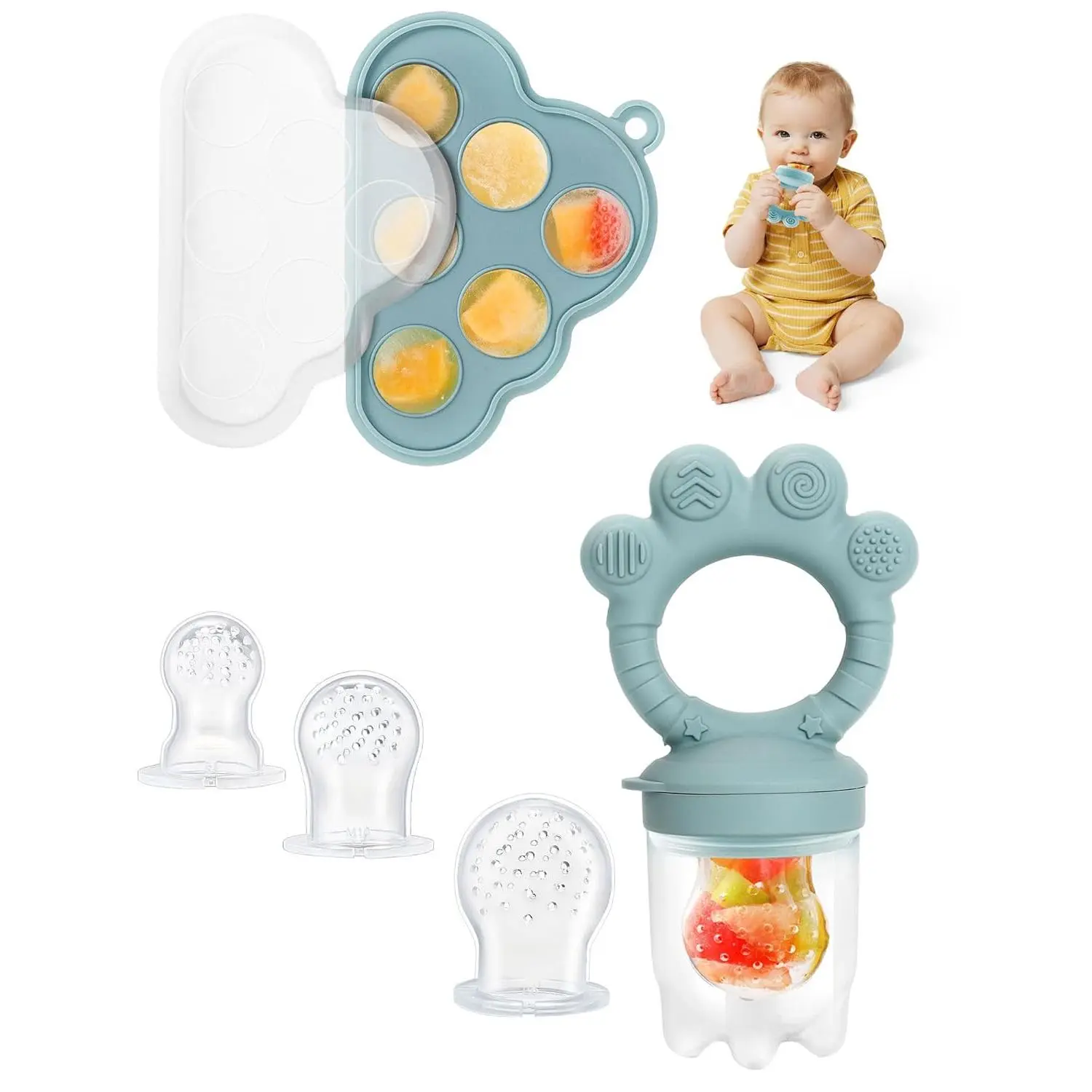 4-in-1 Baby Breastmilk Popsicle Molds & Fruit Feeder, Silicone Teething Pacifier  Toddlers, Easy-Clean Self-Feeding Storage Containers  Infants (Blue) New model