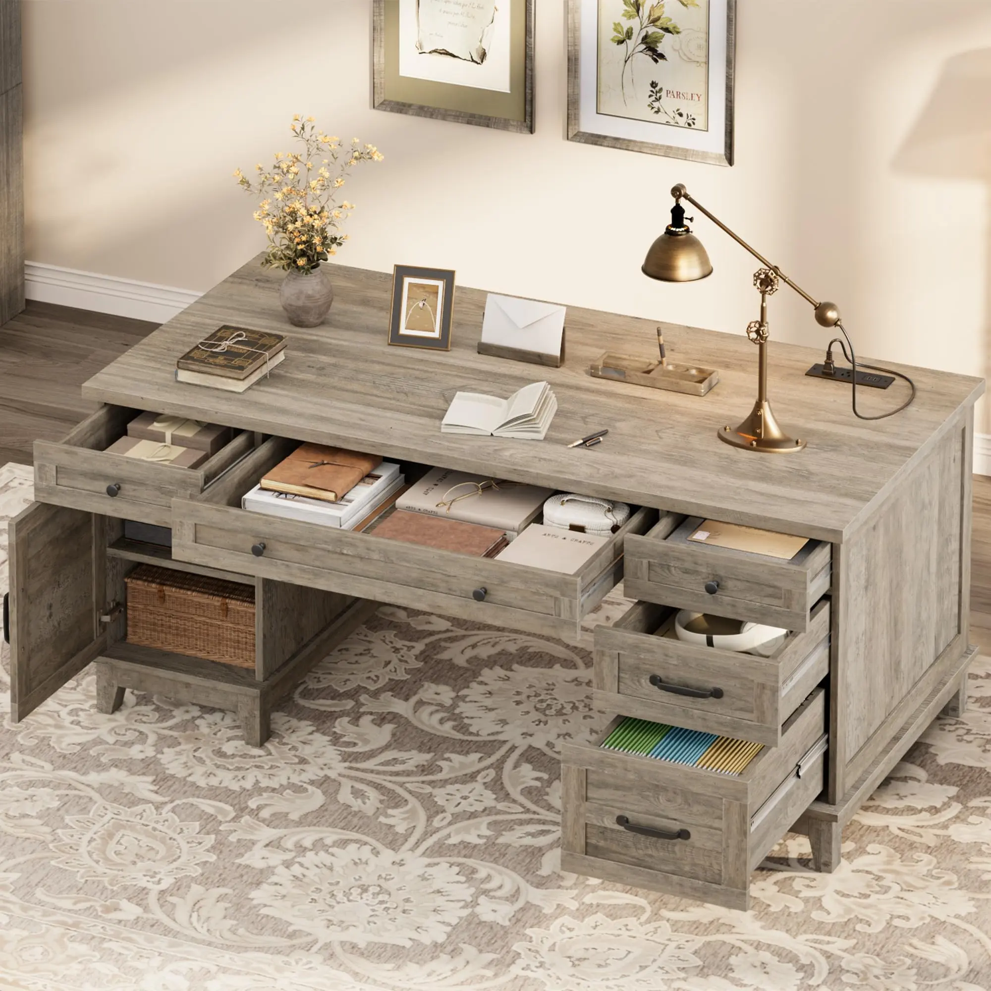 60-inch Farmhouse Executive Desk with File Drawers, Cabinet Storage, and Charging Station, Wooden Home Office Computer Desk in Rustic Gray or Walnut Brown Finish, Ideal for Work, Study, and Writing