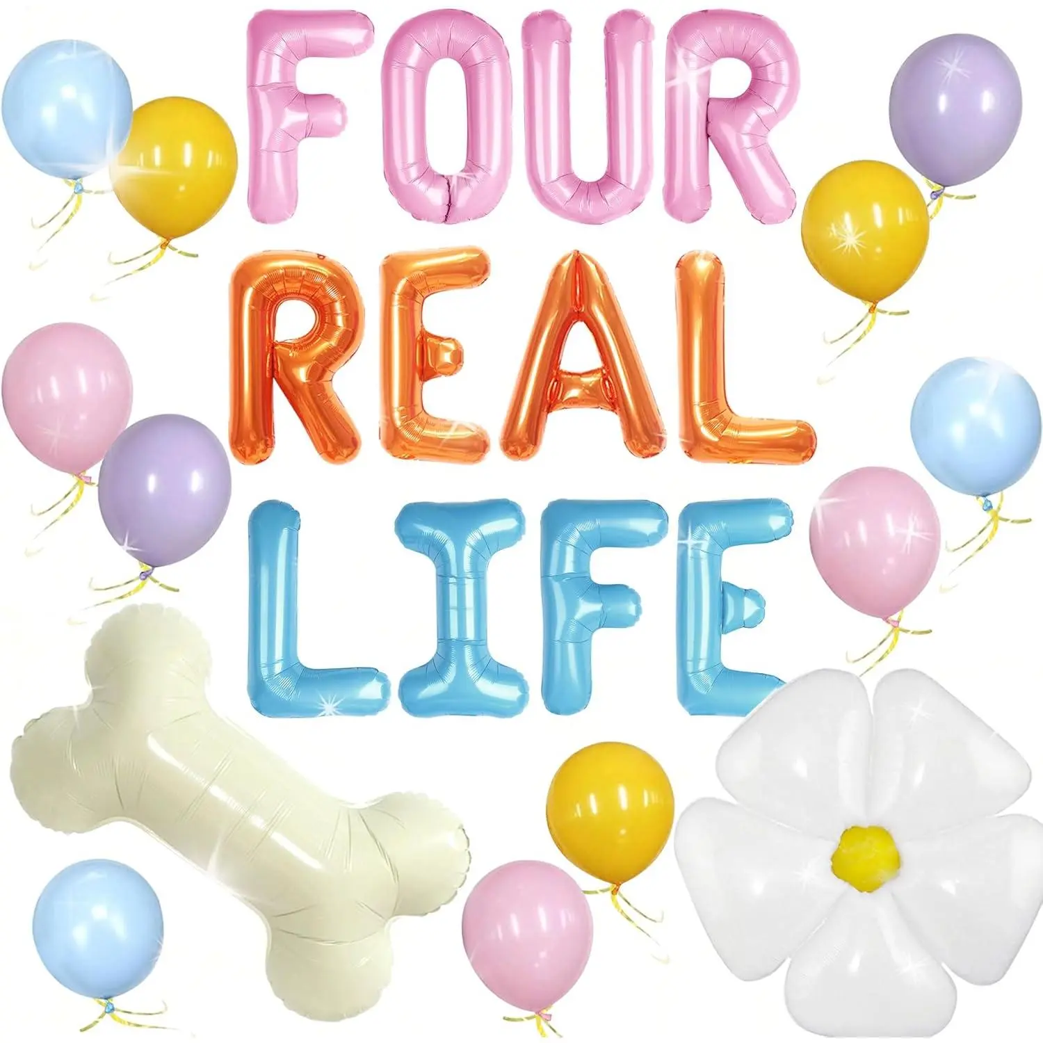 Reusable Latex 4-Piece Real Life Banner Set - Blue Dog, Daisy, 1 Bone, Letter Animal Balloons, 4th Birthday Party Decor, Balloon Decor Supplies & Favors, 1 Bone Balloons