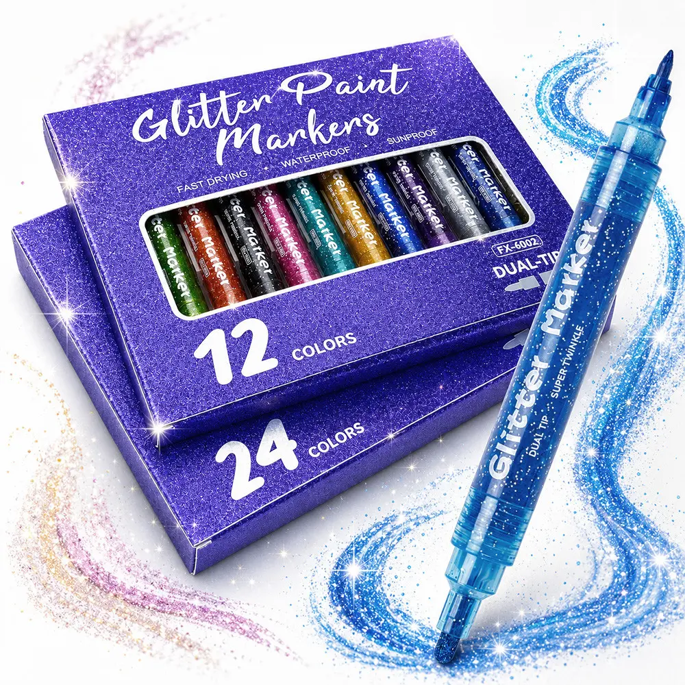 12/24 Color Acrylic Glitter Markers, Water-Based Sparkle Pens for DIY Art, Ideal for Notebooks, Cards, and Various Materials