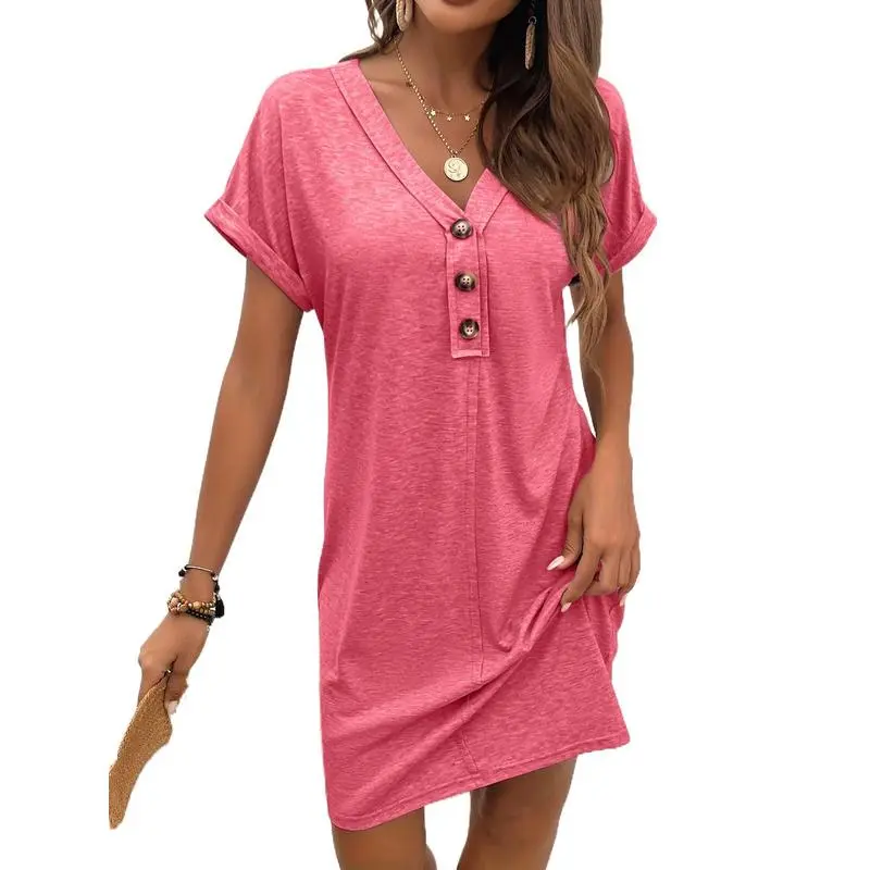 Women Spring Summer Solid V Neck Dress Button Decor Casual Street Midi Outfit