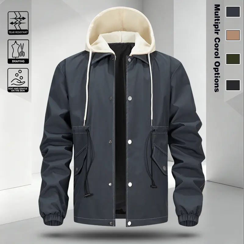 Men's Two-in-One Hooded Work Jacket, New Loose Color-Block Overlock Windproof Coat for Youth, Trendy and Versatile Autumn-Winter Fashion