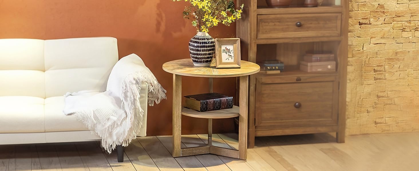 Round side table, natural wood-toned coffee table Double-tiered round sofa side table with storage functionality Vintage-inspired natural wood round bedside table Solid wood bedside table suitable for living rooms, bedrooms, and offices wildlife prints
