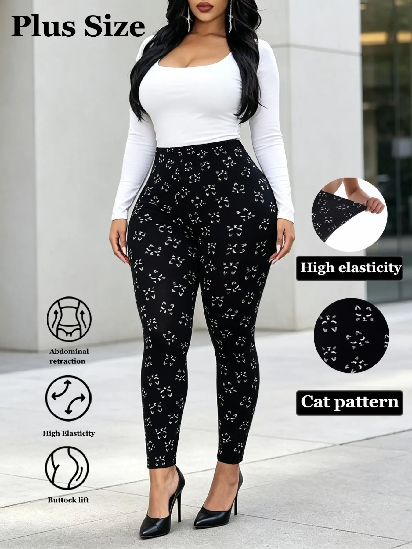 Plus Size Ladies Autumn Winter Cartoon Fun Kitten Full Print Design Animal Print Pattern Leggings High Stretch Knitted Fabric Skin-Friendly Soft Cropped Pants Fit Suitable Going Shopping Hiking Sports All-Match Trousers