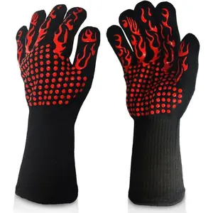 BBQ Gloves Fireproof Heat Resistant Cut Resistant Mitts Non Slip Silicone Oven Gloves Kitchen Gloves for Barbecue Cooking Baking