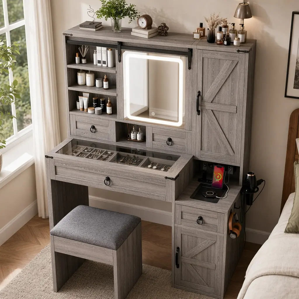 ARCH Farmhouse Built-In Mirrored Vanity Desk Set - Gray/White Wood Vanity Setup with Sliding LED Mirror, Charging Station, Glass Top, 4 Built-In Slide Drawer Dressing Tables, 2 Cabinets, Stool, Cup Holder for Bedroom Piece Set Dressing Tables