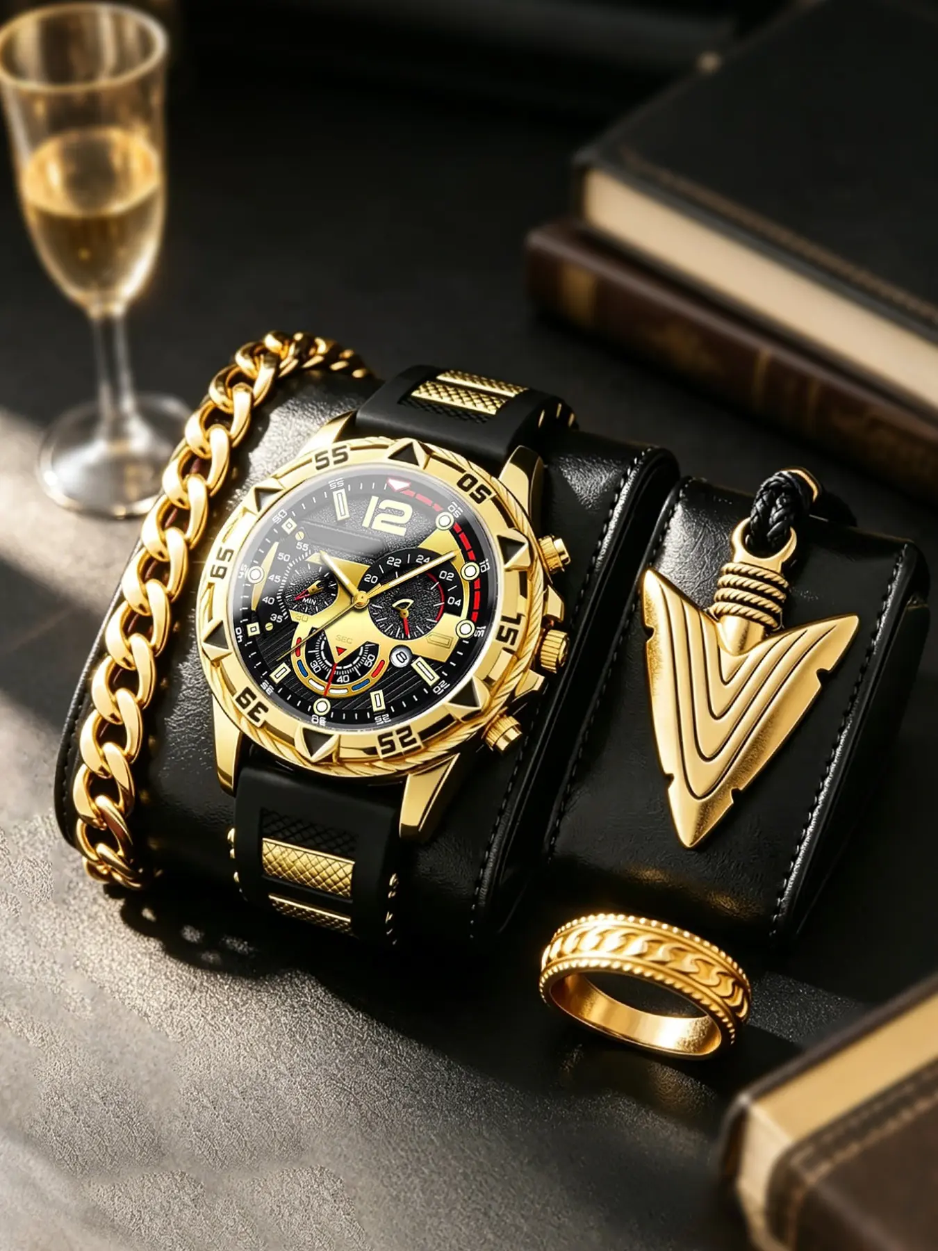 4-Piece Men's Business Watch Set, Arrow Decorative Strap, Calendar Function, Elegant Gift for Boyfriend/father, Fashionable Jewelry, Quartz Analog Wristwatch