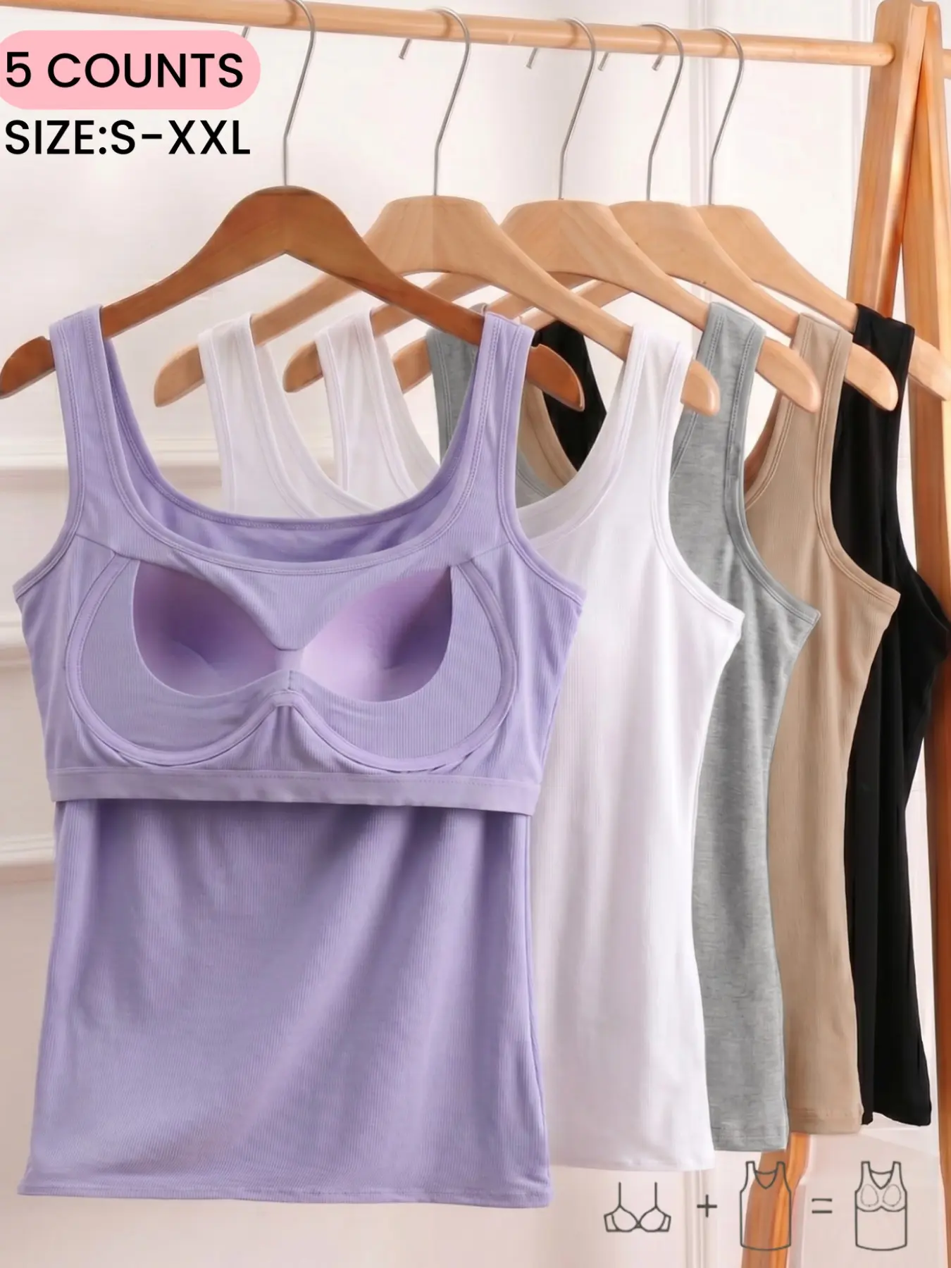 Women's Underwear Tank Top with Padded Cups, Soft Comfortable Plain Outerwear Vest, Fitted Sleeveless Top for All Seasons, Sizes S to XXL