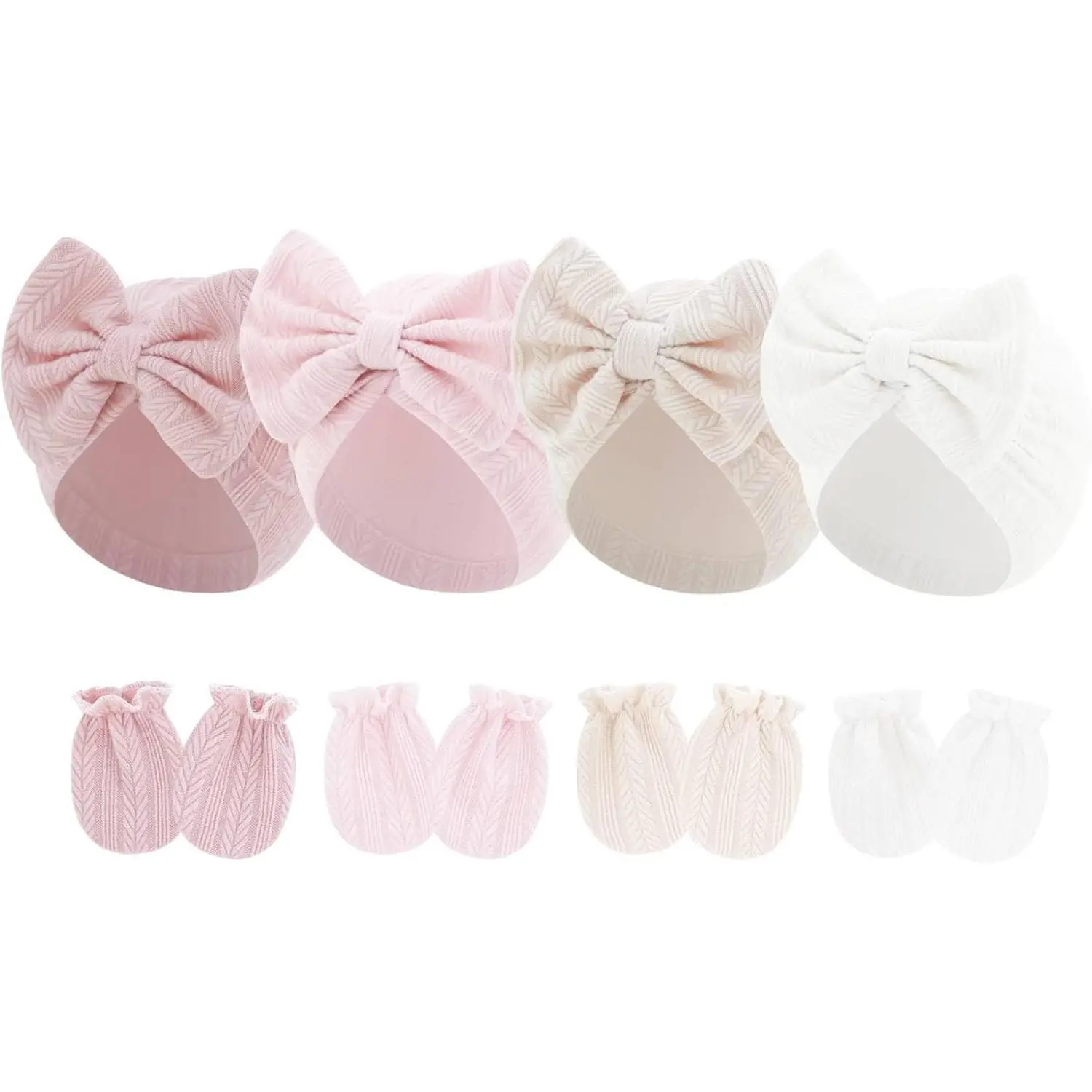 4 Pcs Newborn Hats Mittens Set Infant Cap Bow Hospital Beanie Preemie Hat Baby Boy Girl 0-6