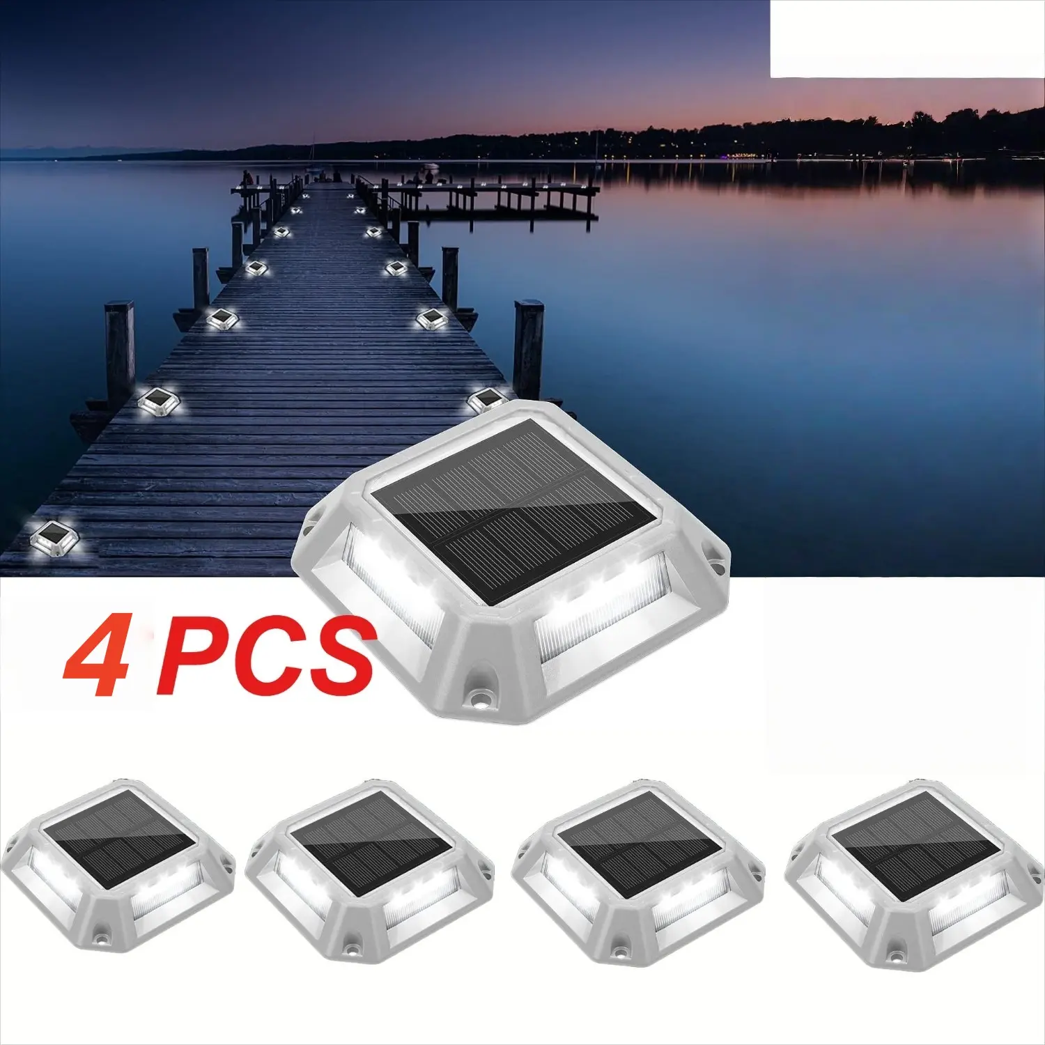 4 Pcs Solar Outdoor Driveway Marker Lights, Waterproof Led Deck Stair Pathway Lamps, Durable Solar Ground Lights Suitable for Sidewalk, Garden, Yard, Dock and Marine Scenes, Bright Step Lighting To Mark Walkway and Driveway Safely At Night