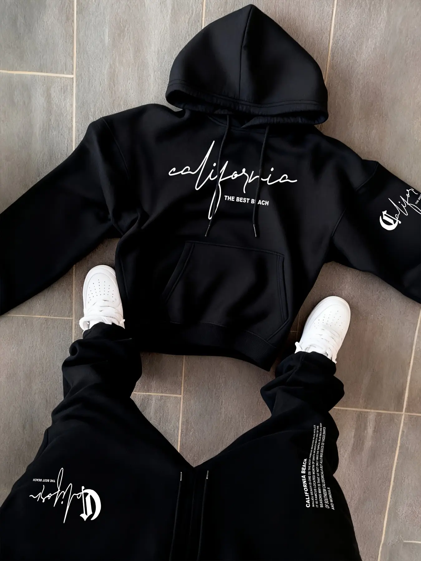 Minimal Black Hoodie and Sweatpants Set Men California Script Print White Letter Graphic Drawstring Hood Pocket Hoodie Casual Loose Fit Soft Breathable Two Piece Outfit For School Hangout Skate Street Style