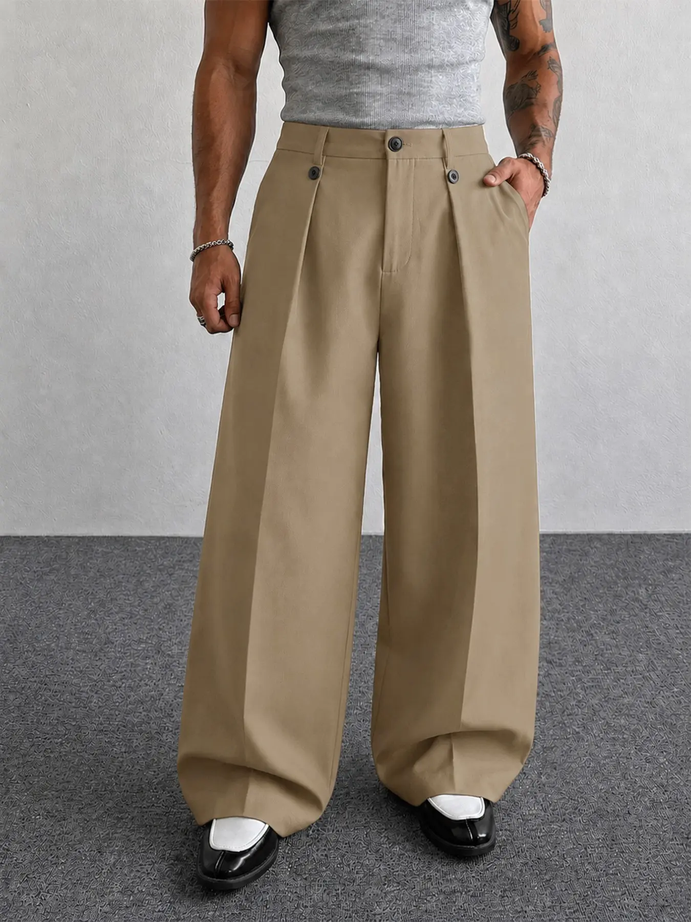 Men's Summer Suit Pants, Loose Wide Leg Long Pants, Casual Business Pants with Pockets, Plain Color, Slim Fit, Office Wear, Daily Use