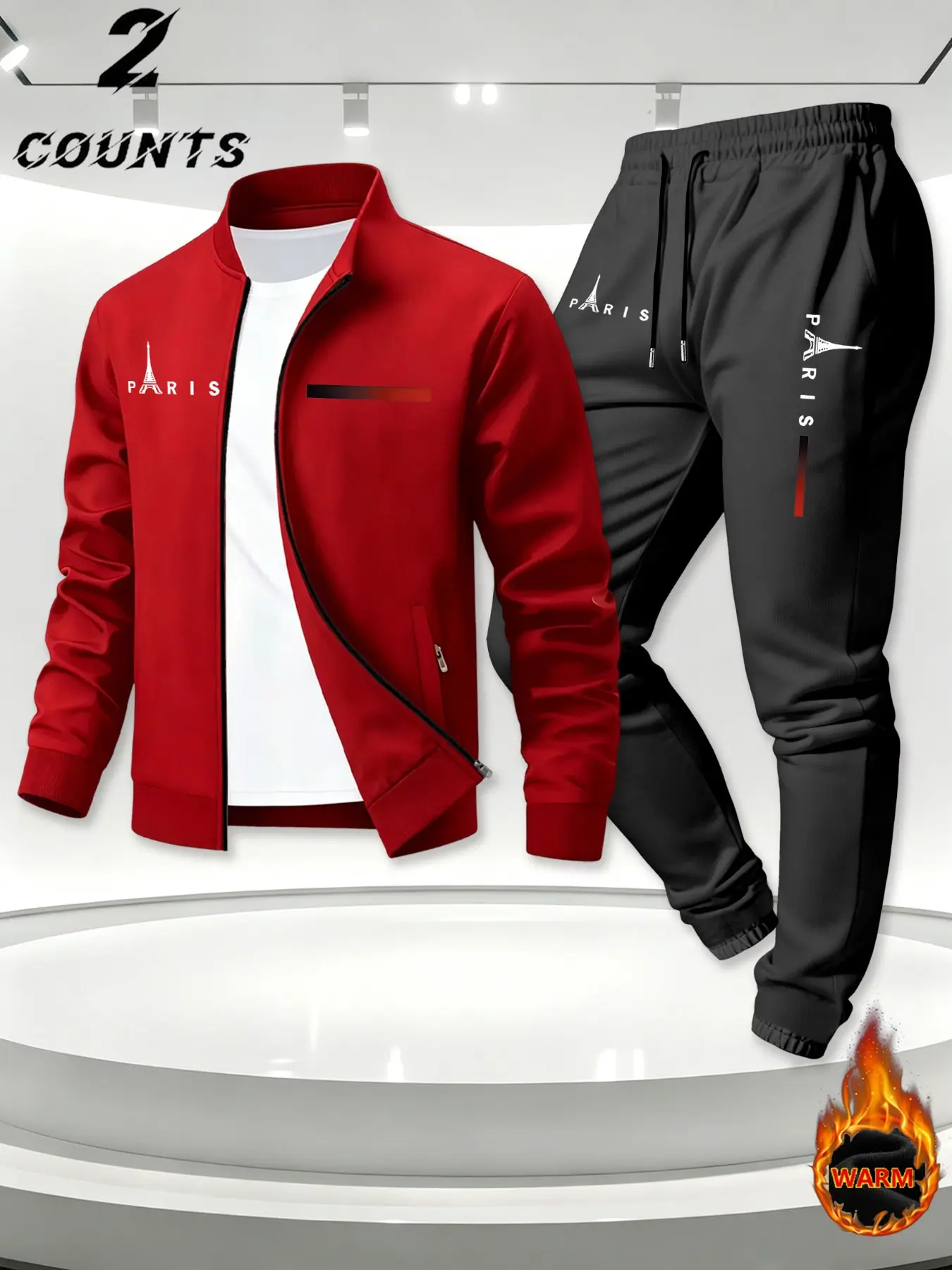 Men's Paris Letter Stand Collar Jacket Set, Lightweight Windproof Pants, Casual Business Sportswear, Spring & Fall Two-Piece Suit, Athletic Set