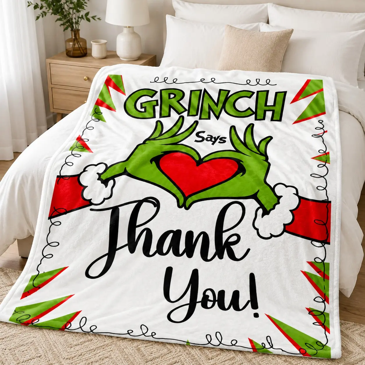 1pc Funny Green Holiday Heart Hands Flannel Blanket #ChristmasBlanket #FunnyChristmas, Festive Cartoon Print with Green Furry Hands, Red Heart, Santa Cuffs, Red Green Burst Accents and “GRINCH Says Thank You!” Lettering, Soft Cozy Lightweight Throw for Co